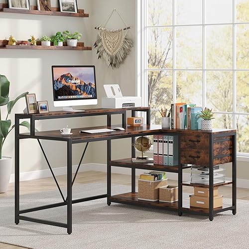 Tribesigns Reversible L Shaped Desk with Drawer, Brown Corner Desk with Storage Shelves and Monitor Stand, Writing Table for for Small Space (Rustic) - Rustic