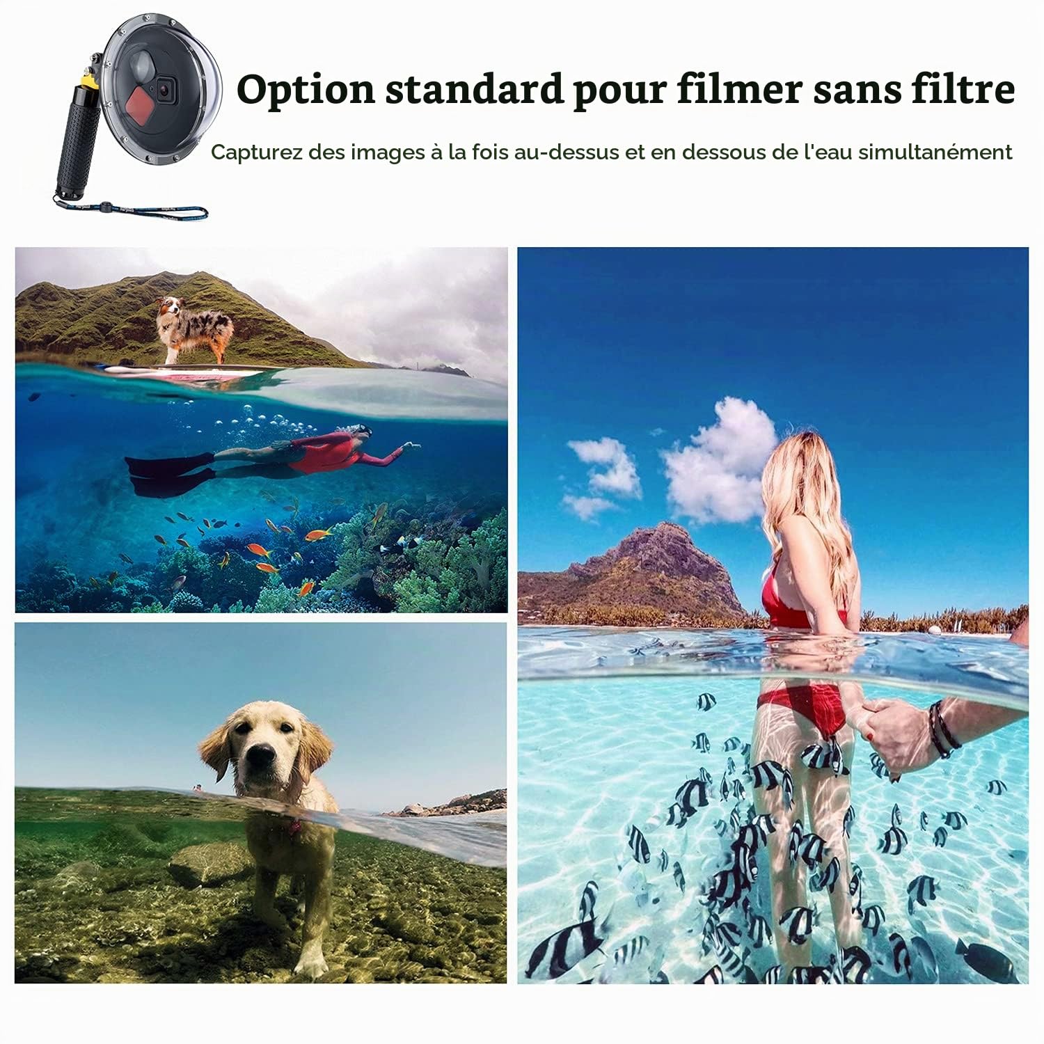 Port dôme étanche pour GoPro Hero 13 12 11 10 9 noir avec filtres commutables intégrés, poignée flottante, déclencheur, boîtier dôme sous-marin pour GoPro 9 10 11 12 13 Noir