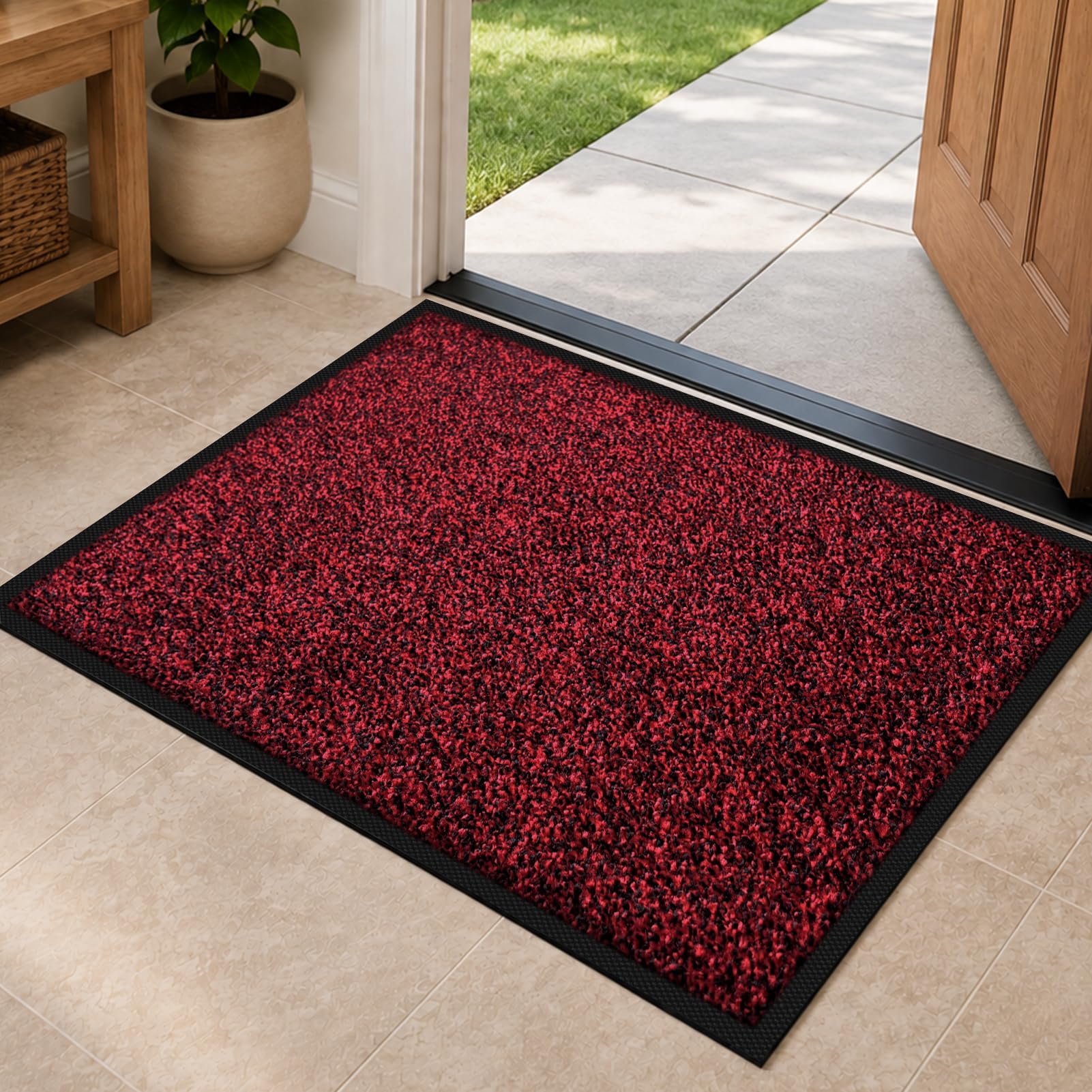 Mibao Door Mats Indoor and Outdoor, Doormat 58 x 120 Cm Red Black, Washable Door Matts Indoor, Heavy Duty Non-slip Entrance Mat, Shoes Scraper, Super Absorbent Front Door Mat Carpet