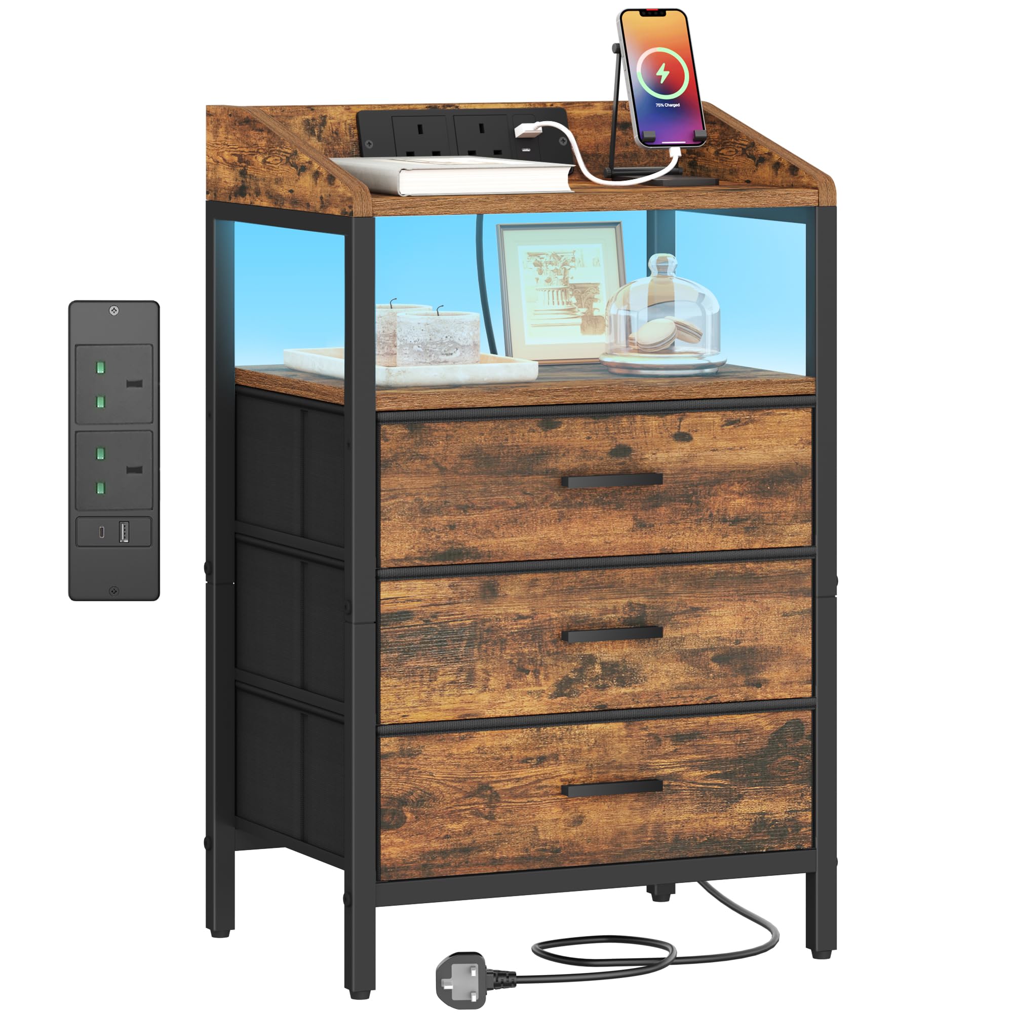 Hzuaneri Bedside Table with LED Lights and Charging Station, Bedside Cabinet with 3 Fabric Storage Drawers and Shelves, Nightstand with USB Ports & TypeC for Bedroom, Rustic Brown NS36301BUK