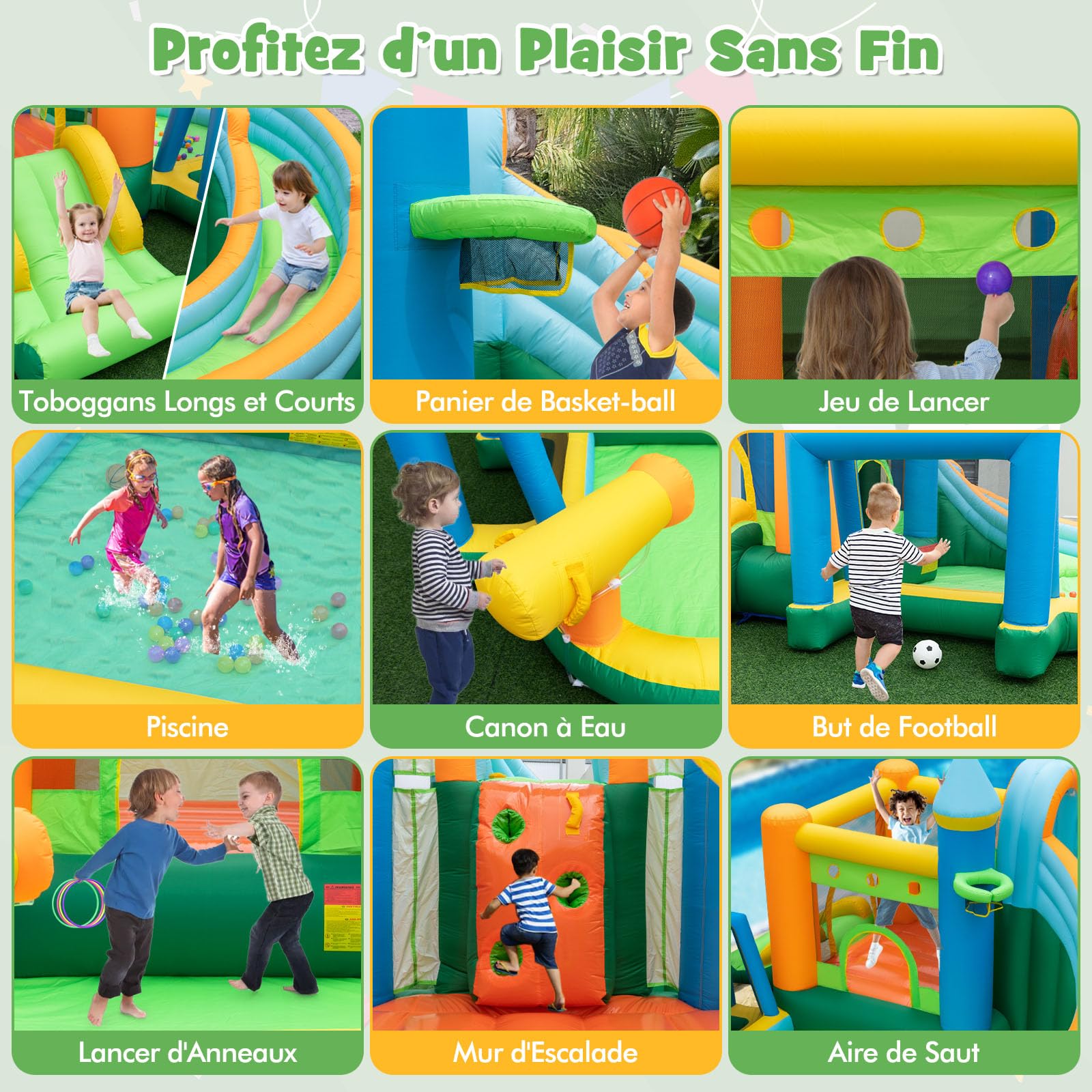 GOPLUS Château Gonflable Thème Hiver - Toboggan, Piscine à Balles, Panier Basket Et Lancer D'Anneaux (3-10 Ans)