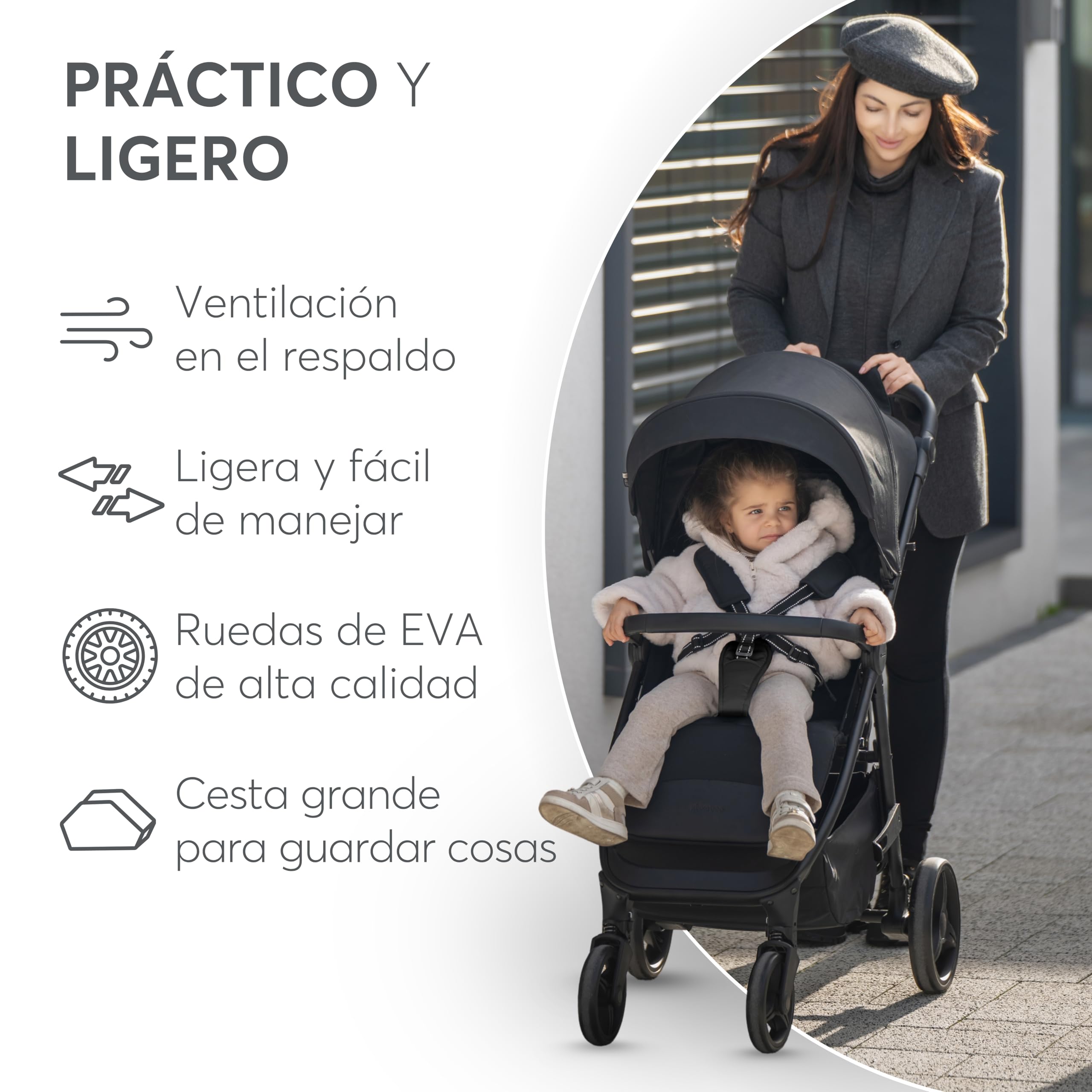 KikkaBoo Silla de Paseo Ligera URBAN, Carrito Bebe Desde Nacimiento Hasta 22 kg, Plegado con Una Mano, Compacto, Ruedas EVA Con Suspensión, Manillar Ajustable, Negro