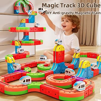 Electric Train Set with 2 Trains, 3D Infinity Train Tracks, DIY Toy Car Track, Modular Building Blocks Freely Assembled, STEM Learning Toy for Kids Toddlers Boys & Girls (Blue & White Trains)