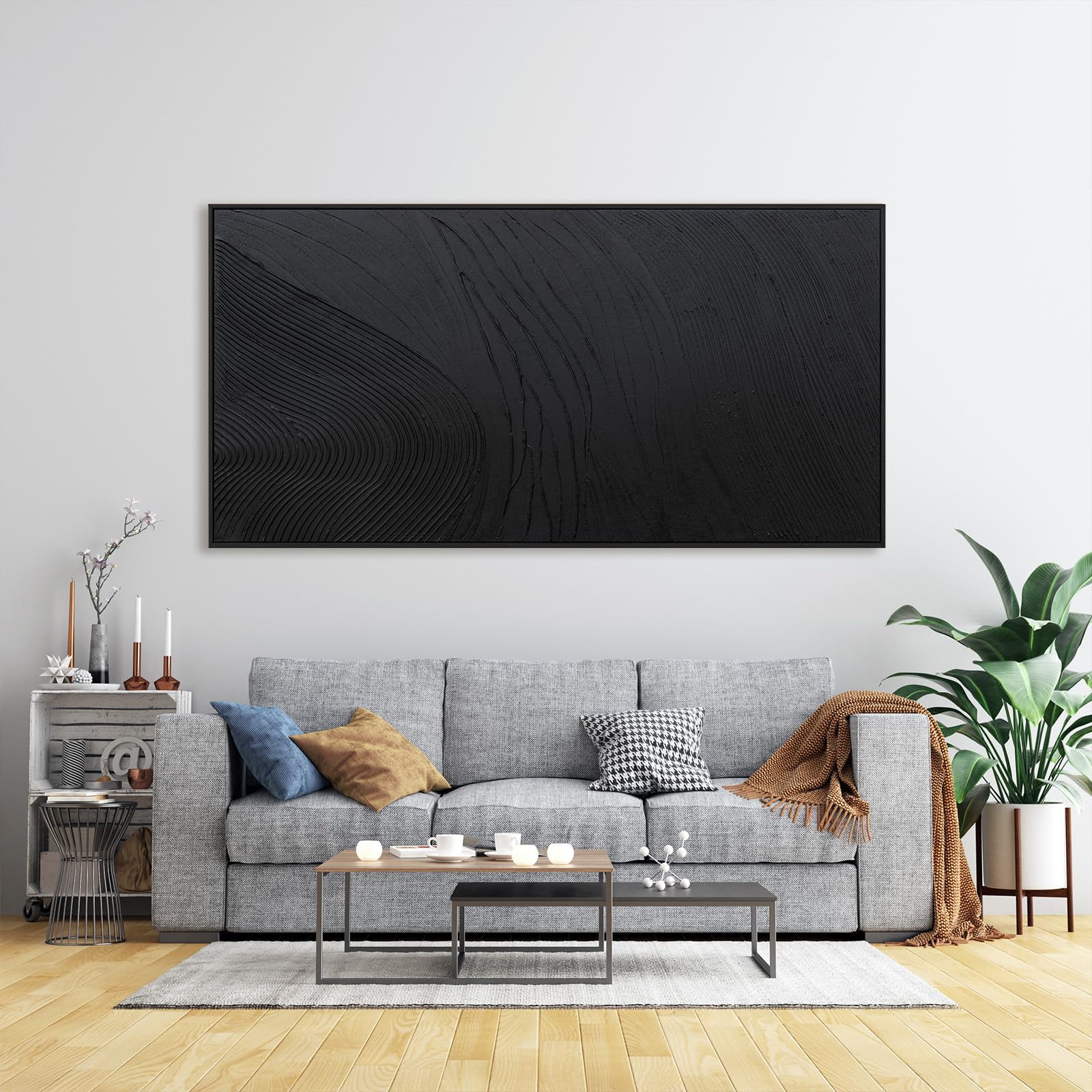 Arte de pared grande y moderno para sala de estar, lienzo abstracto, decoración de pared enmarcada grande, arte de pared negro, arte de pared pintado a mano, textura negra, obra de arte para paredes 6