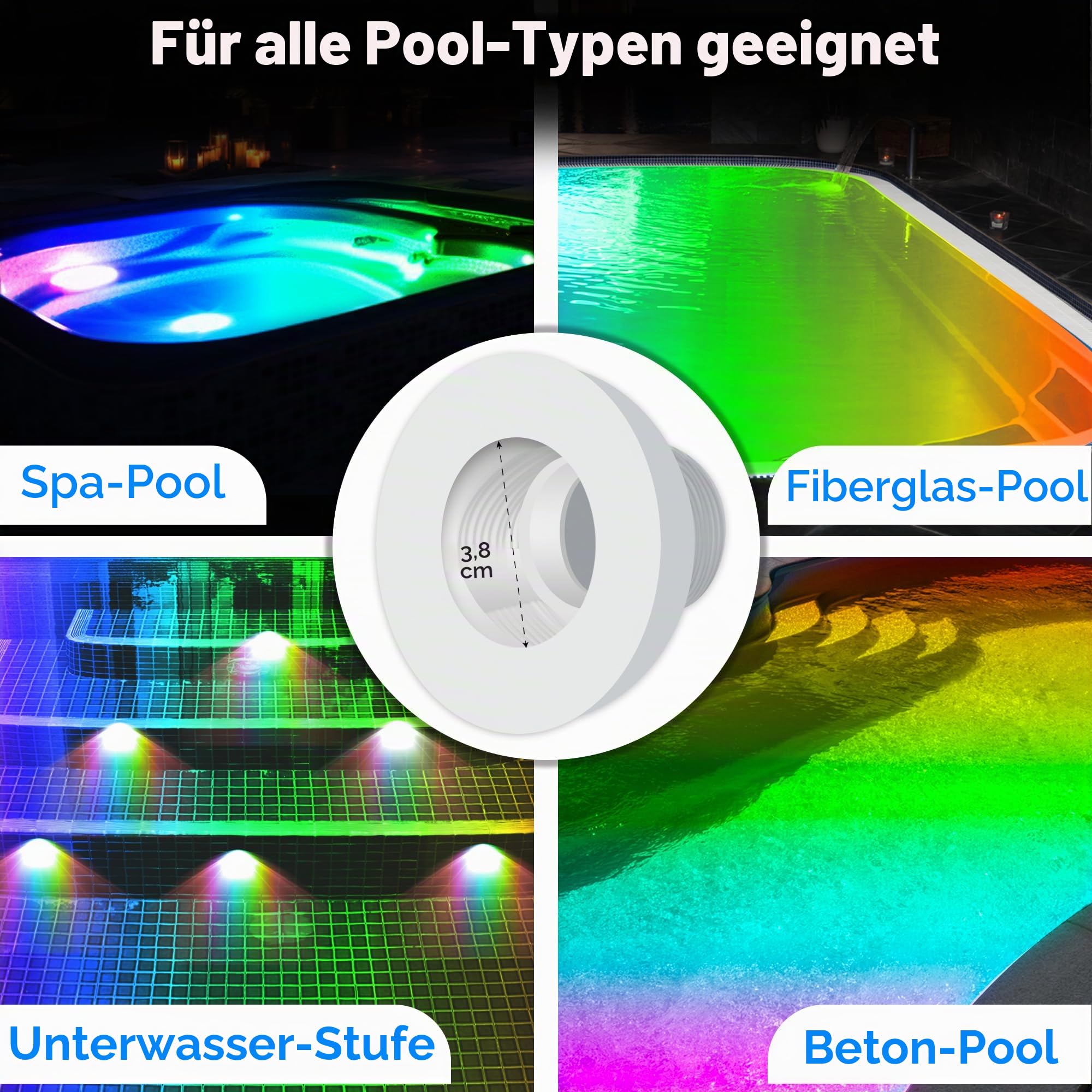 LyLmLe LED Poolbeleuchtung mit Außengewinde 1 1/2", RGB Schwimmbadscheinwerfer Synchronsteuerung 12VAC Unterwasser Poolscheinwerfer für Betonpool (15W, 2 Lampe)