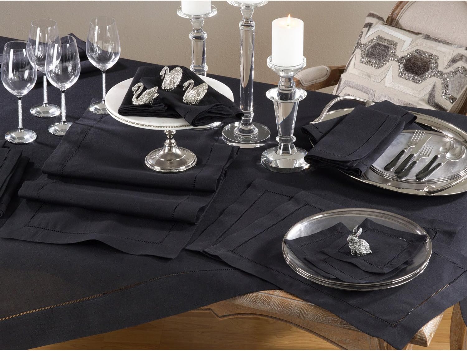 Black Classic Hemstitched Design Polyester 70" x 120" Rectangle Tablecloth, 1 Piece.