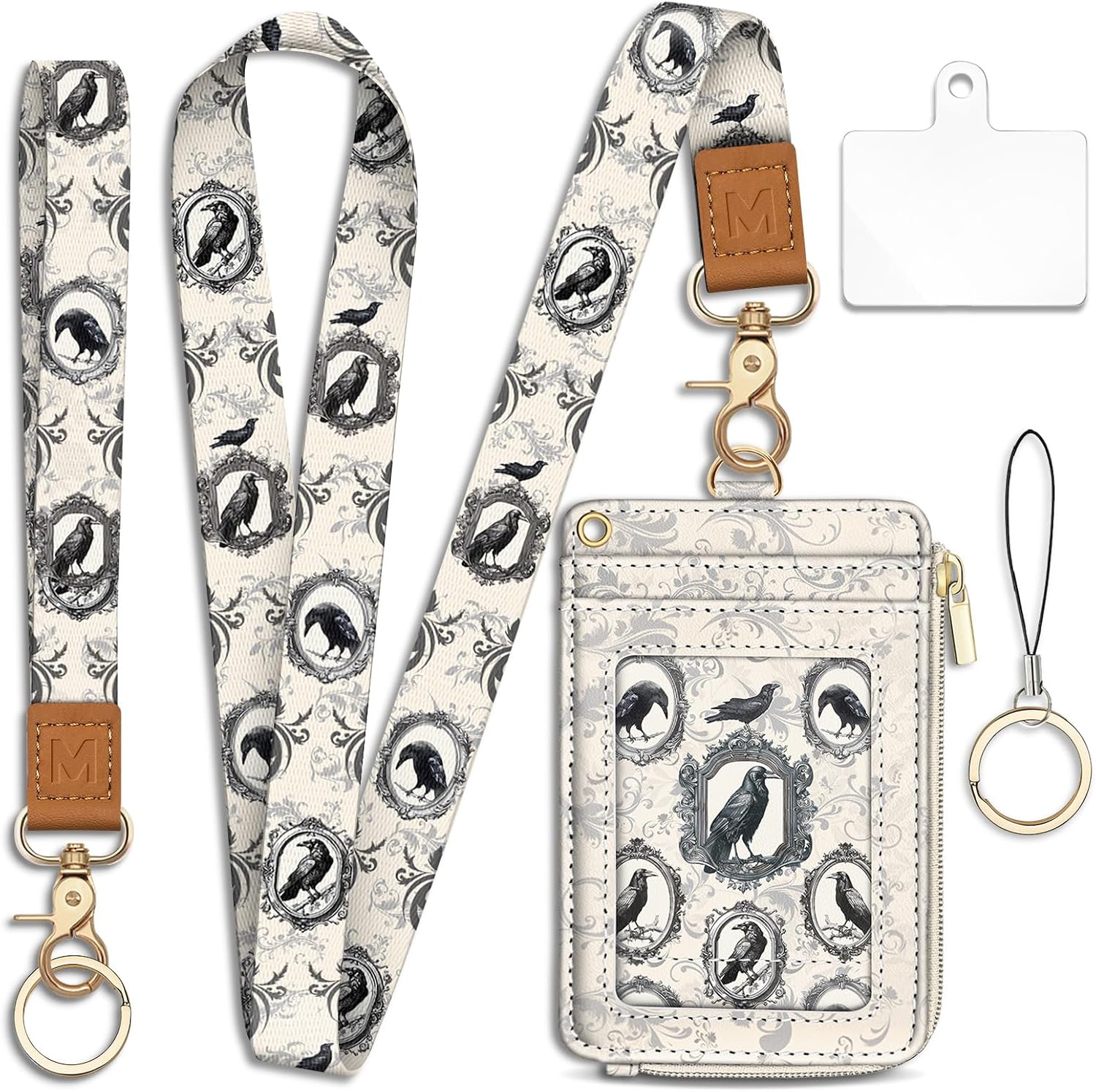 Piefly Goth Crow Lanyard Wallet with ID Badge Holder, Small RFID Keychain