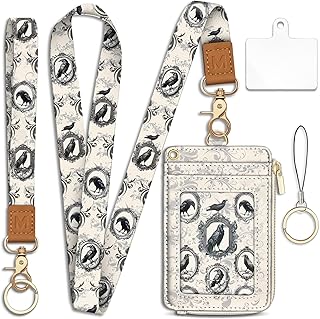 Goth Crow Lanyard Wallet with ID Badge Holder, Small RFID Wallet Women Keychain Wristlet, Slim Credit Card Holder Case with Zipper Pocket Phone Lanyard Wrist Strap Name Tag Office Teacher Gift