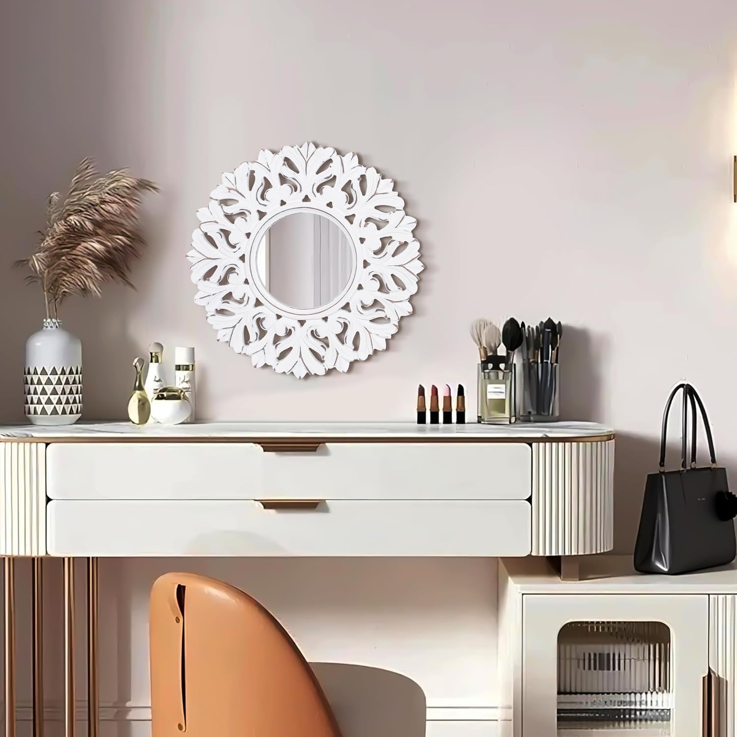 Carved Wood Wall Mirror Décor 18" Round,Mirror Wall Décor,Hanging Wall Mirror with Wood Frame and Attached Hanging Bracket, Rustic Farmhouse Decor for The Living Room,Bathroom_White