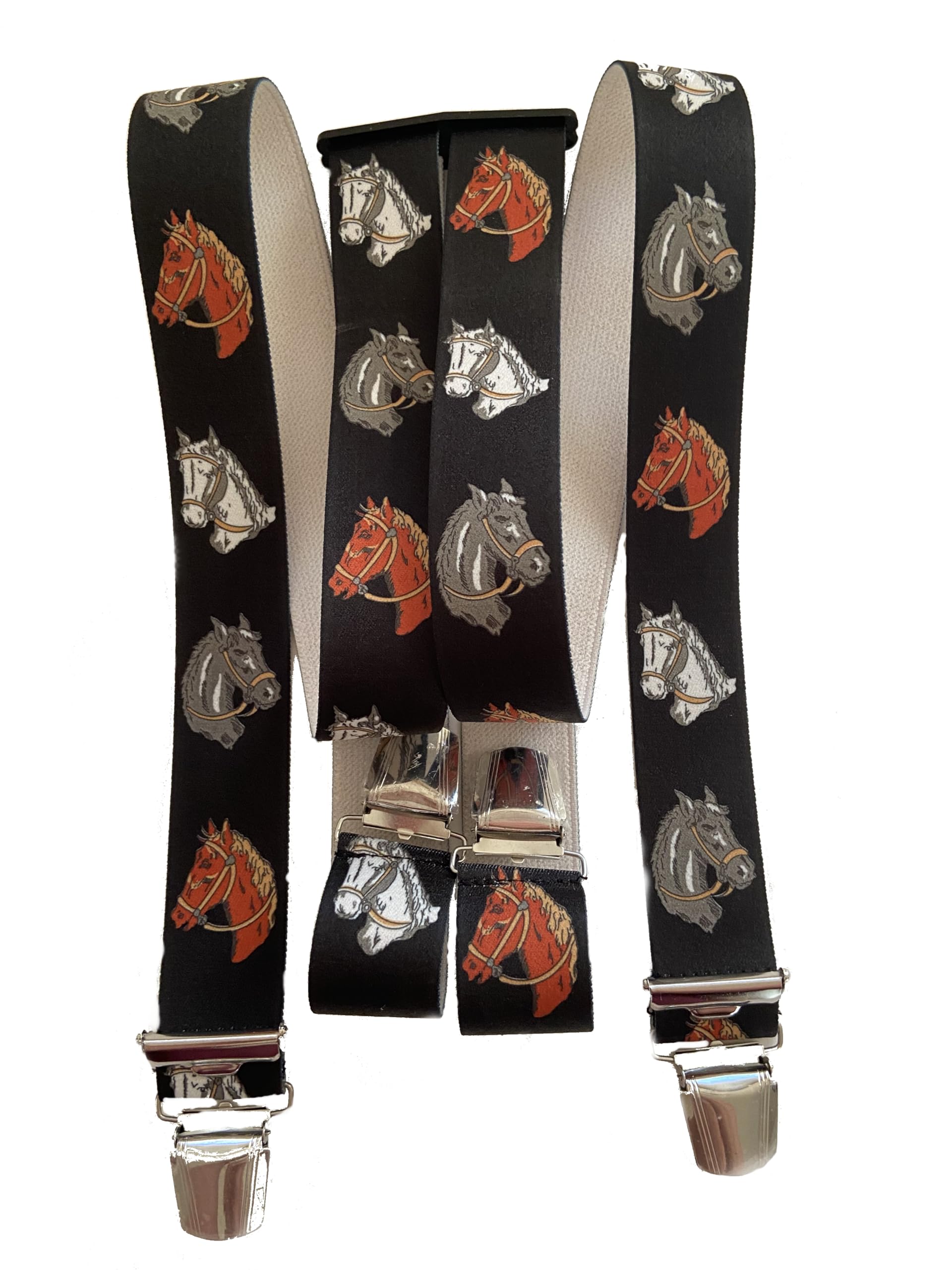 Tirantes para hombre – Diseño de caballos – 3,5 cm de ancho, ajustable 65 – 125 cm – Forma de X – Clips resistentes y gran comodidad – Ideal para amantes de los caballos, elegante regalo P-005