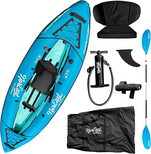 Paquete de kayak inflable de 9 pies (Explorer) - Asiento inflable ajustable con respaldo, paleta ajustable, funda de transporte, bomba y kit de