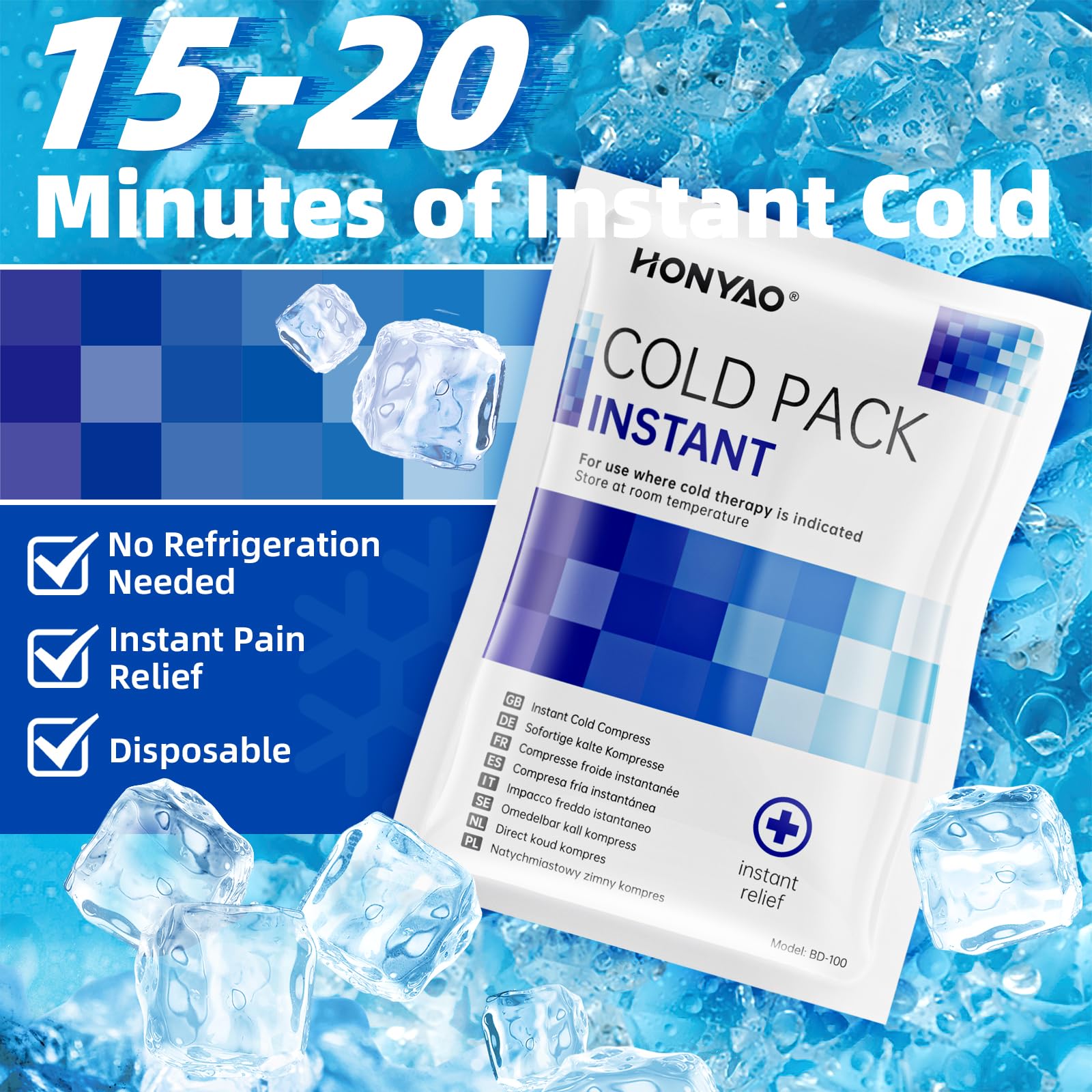 HONYAO Okład Chłodzący Instant 9 Sztuki, Jednorazowe Natychmiastowe Zimne Kompresy na Ból Obrzęk Stan Skręcenia, IInstant Ice Pack na Sport Strona Główna Podróże Wędrówki Piesze