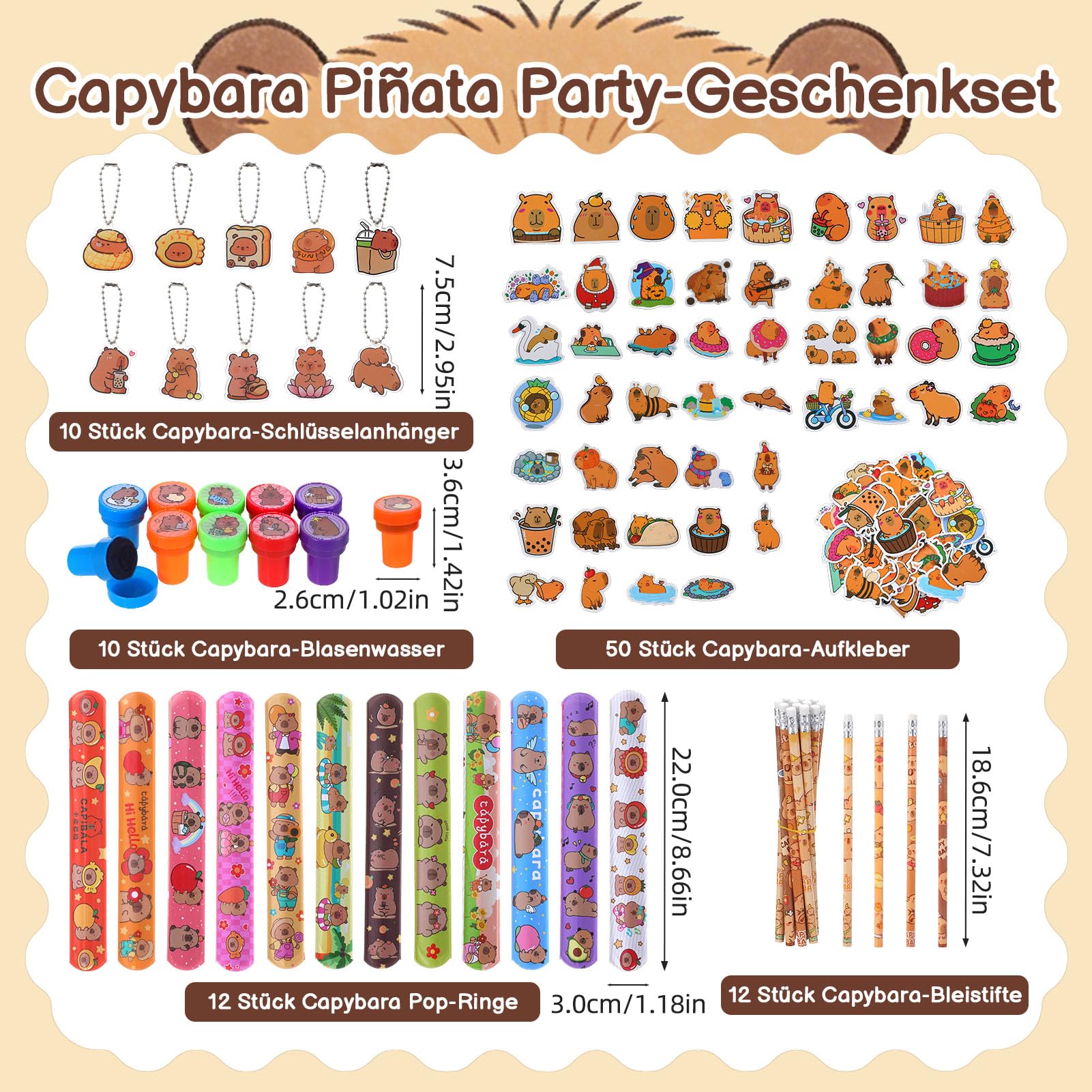 Pinata Geburtstag mit Stab & Maske, Capybara Pinata Set mit 96 Capybara Füllungen, Partypinata zum Aufhängen Befüllen, Piñata als Party Deko in 43x31x7 cm