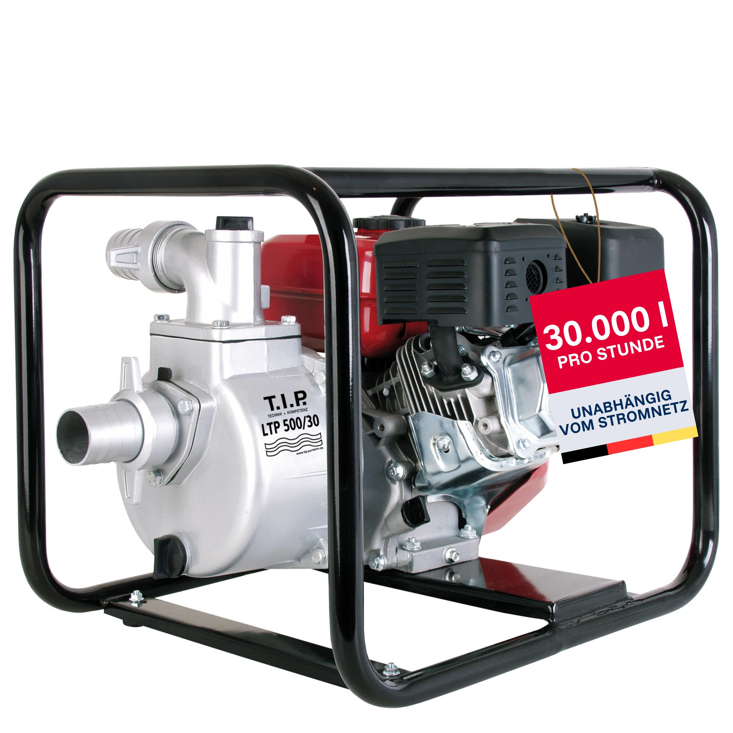 T.I.P. Benzin Wasserpumpe - Motor Gartenpumpe (30.000 l/h Fördermenge, 30 m Förderhöhe, 3,0bar Druck, max. 3,85kW (5,2PS) Leistung, Ölmangelsicherung, 4-Takt-Motor, Rückschlagklappe) LTP 500/30, 30197