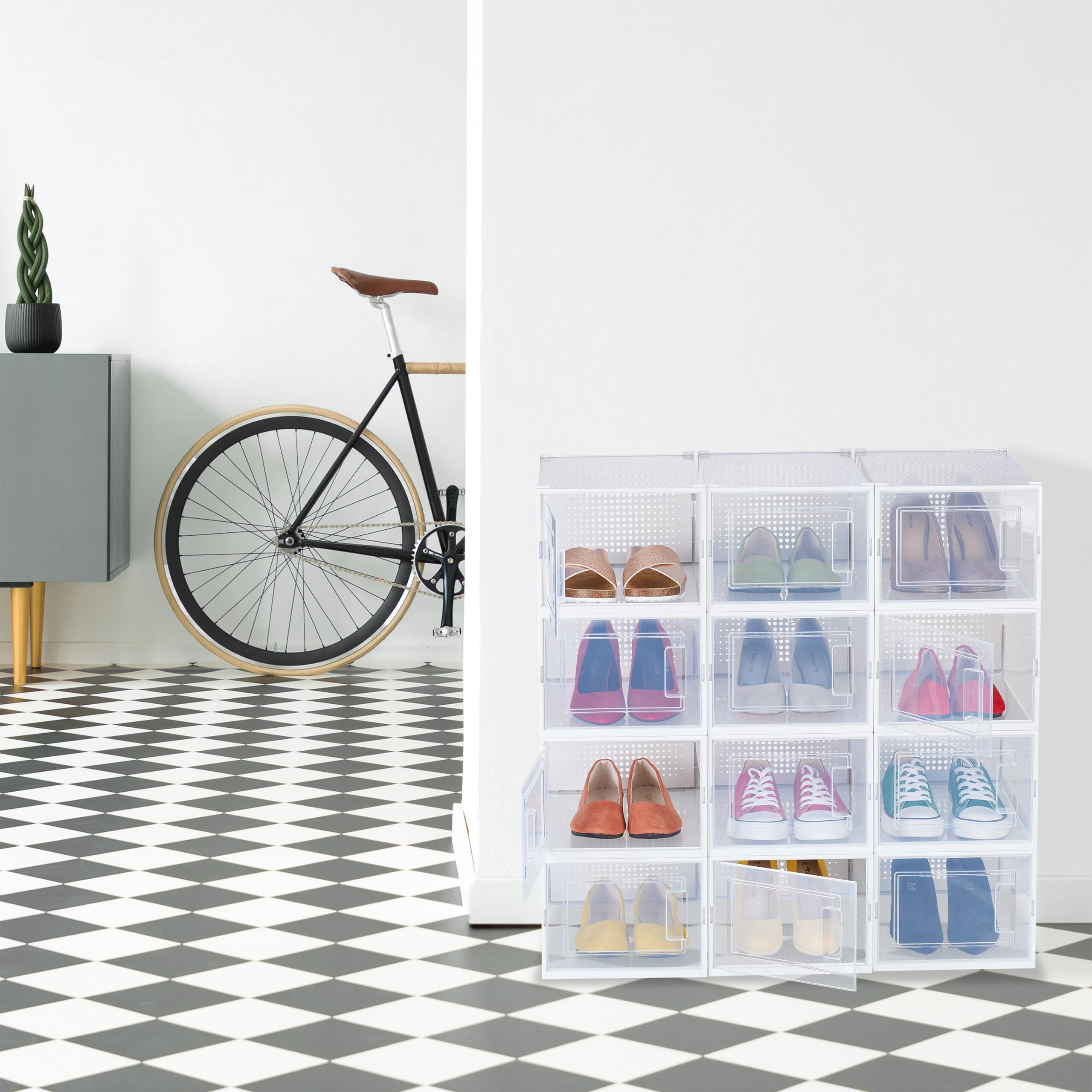 Relaxdays Set 12 Scatole di Plastica per Scarpe Fino al N. 47, Scarpiera con Box Impilabili, Shoe Organizer, Trasparenti