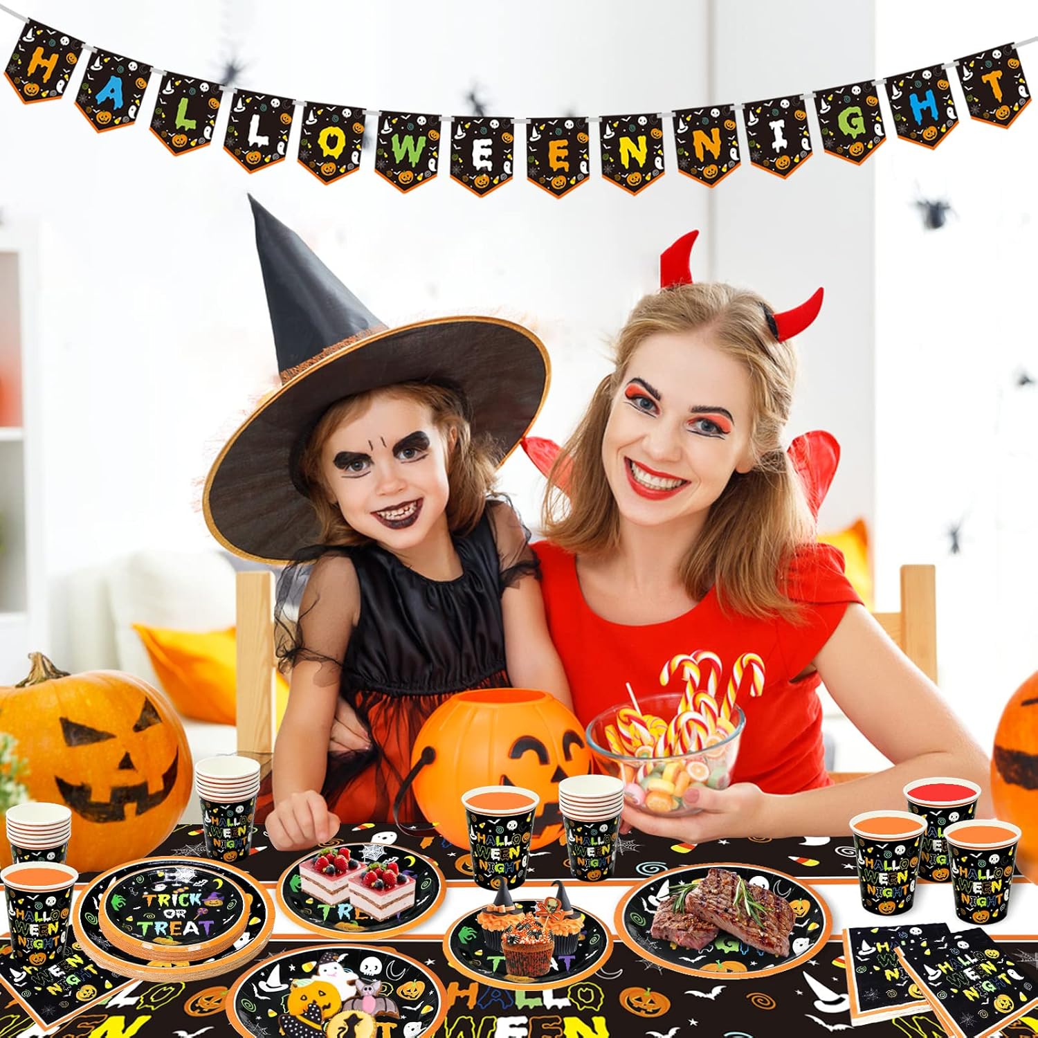 Halloween Plates and Napkins Party Supplies Serves 24 Guests Include Halloween Plates, Napkins, Cups, Tablecloth and Banner for Halloween Party : Home & Kitchen