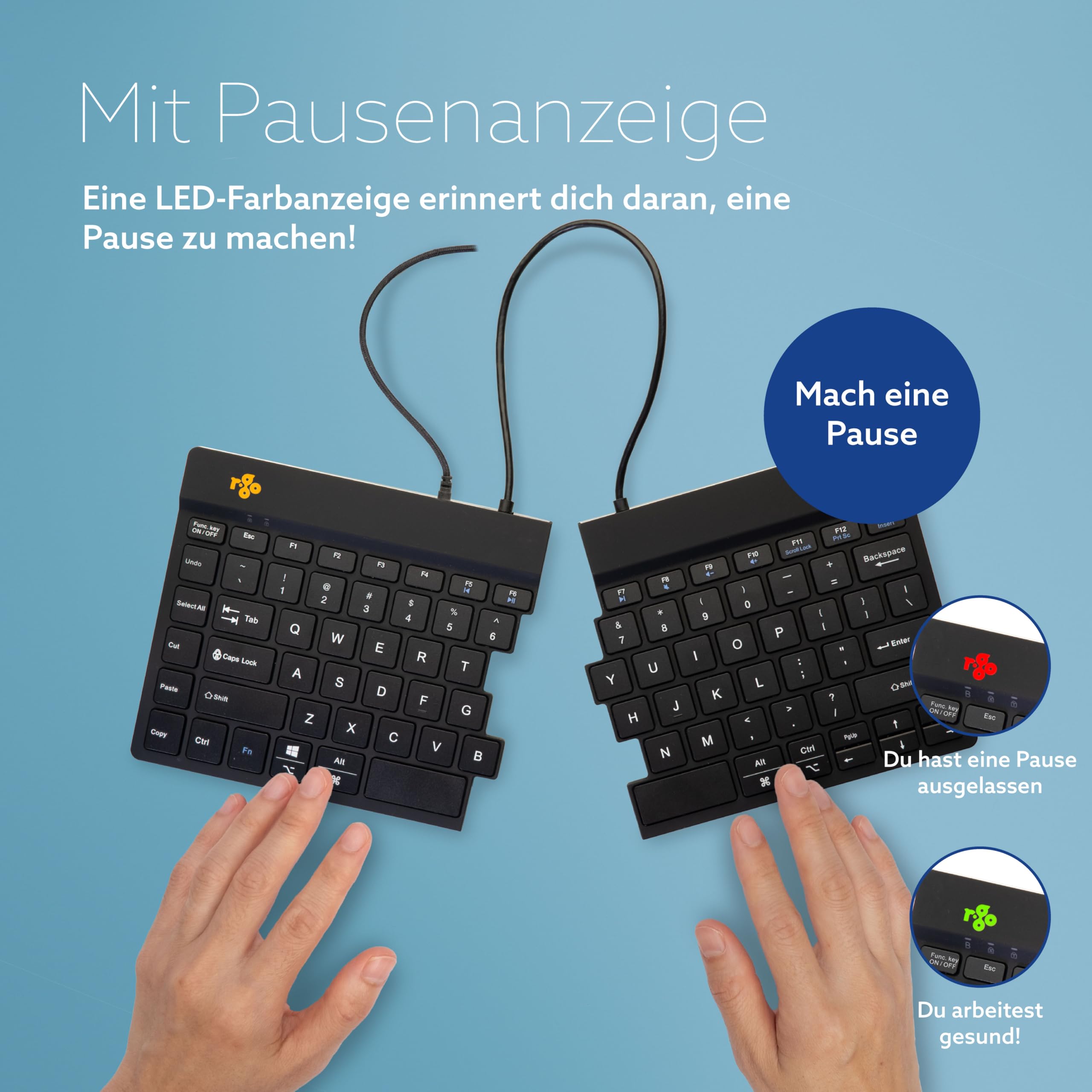 R-Go Split Tastatur Zweiteilig, Ergonomische Design mit Geteilte Tastenfeld und Integrierter Pausenanzeige, QWERTY (US) Layout, USB-C/A Kabelgebunden, Schwarz, Version 2