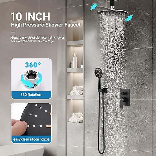 Miniatura 3 de STESSO Juego de grifo de ducha, sistemas de ducha con ducha de lluvia y de mano, cabezal de ducha redondo de 10 pulgadas, ducha de mano de 3