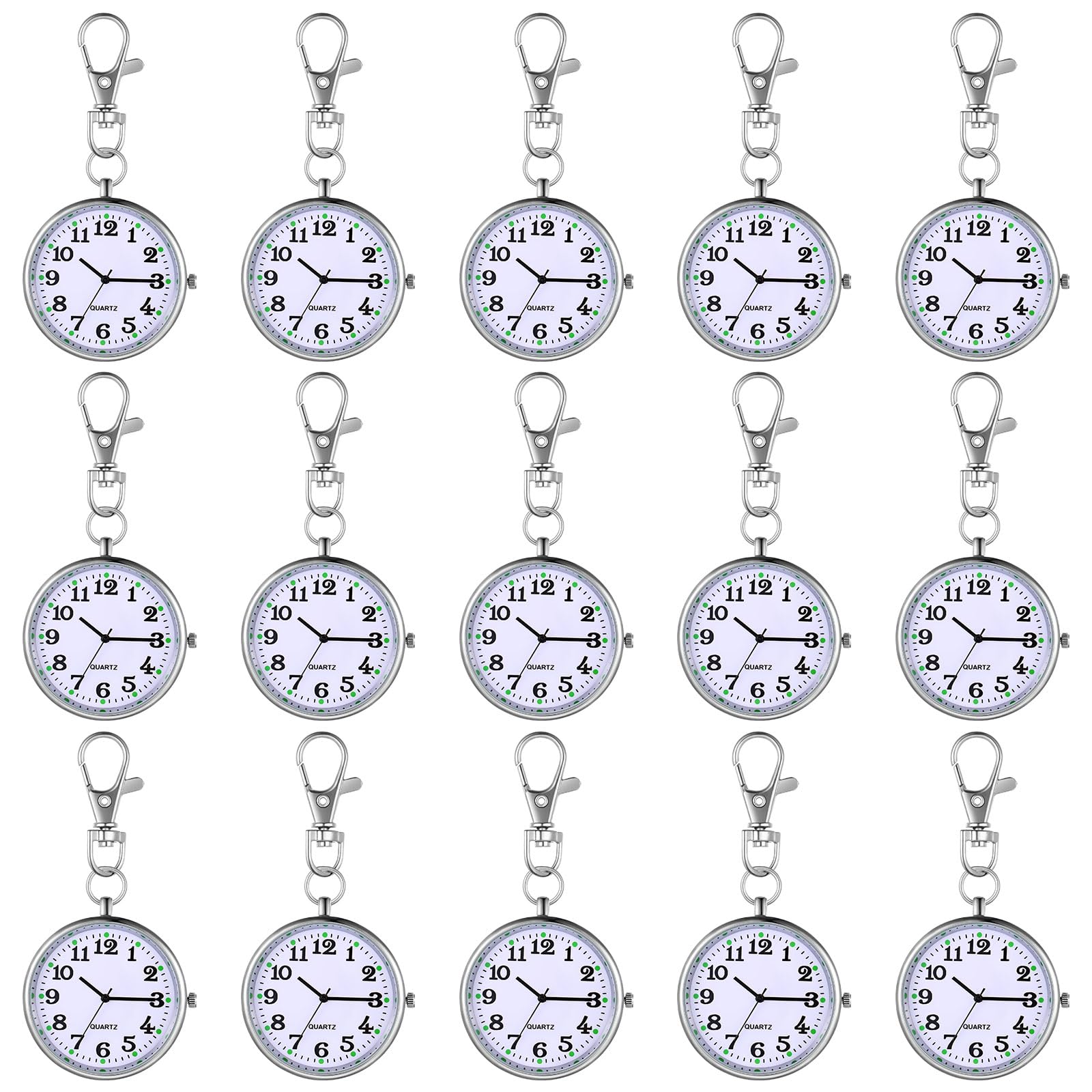 Outus 15 Pieces Quartz Nurse Pocket Watch Round Doctor Brooch with Key Buckle Hanging Nurse Watch Clip on Doctors(Silver White)