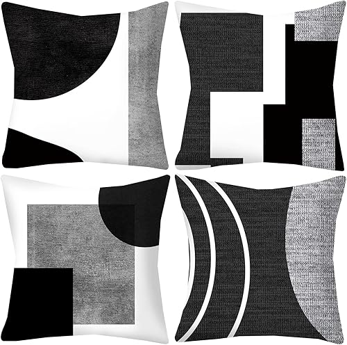 LOHDALOLF Juego de 4 fundas de almohada geométricas abstractas de 20 x 20 pulgadas, color gris y negro, fundas de cojín decorativas bohemias para