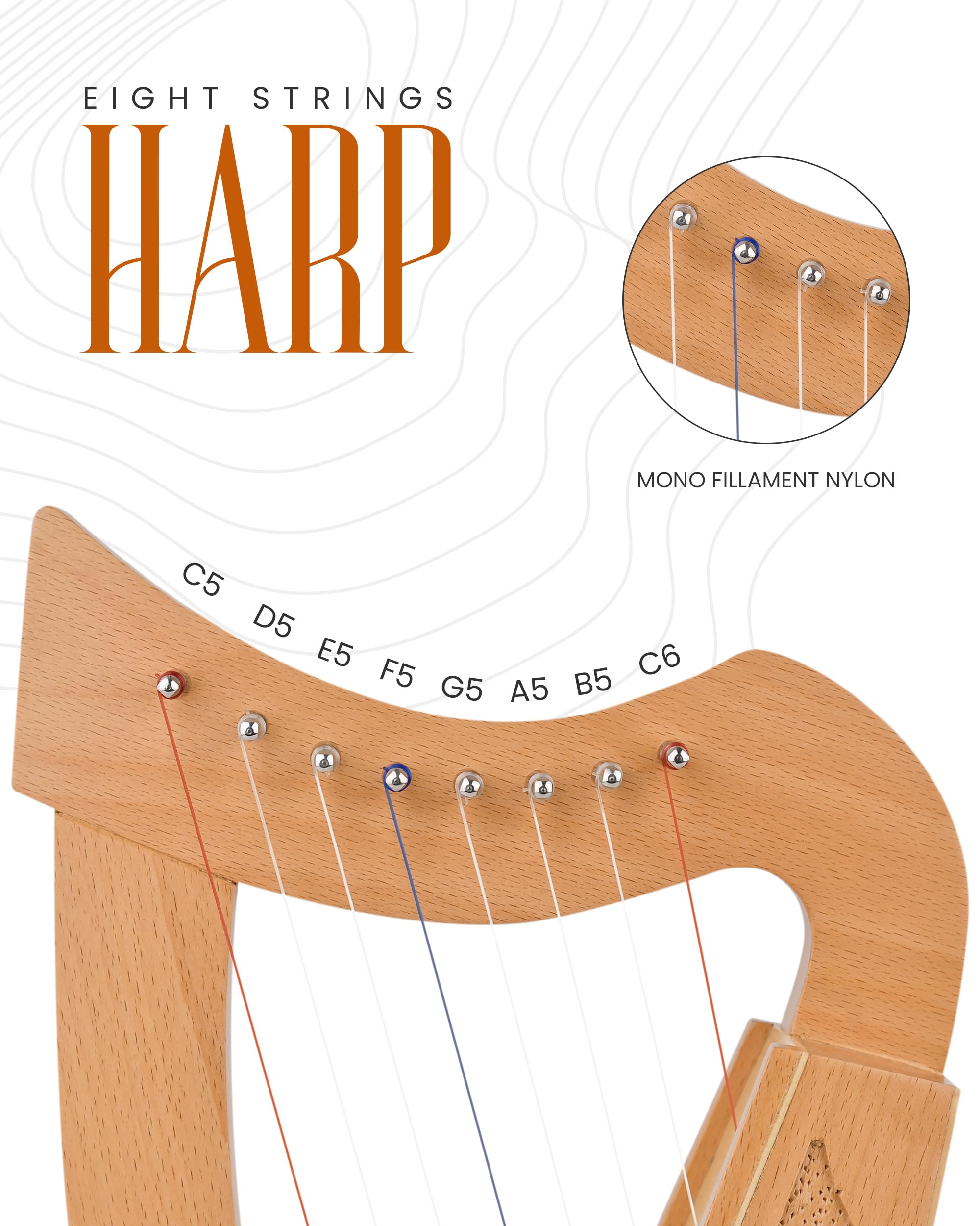 Mini Keltische Harfe 8-saitig | Massives Buchenholz Handgefertigte Folk Harfe mit 3D-Schnitzerei & natürlichem Finish - Tragbares keltisches Instrument für Anfänger & Profis