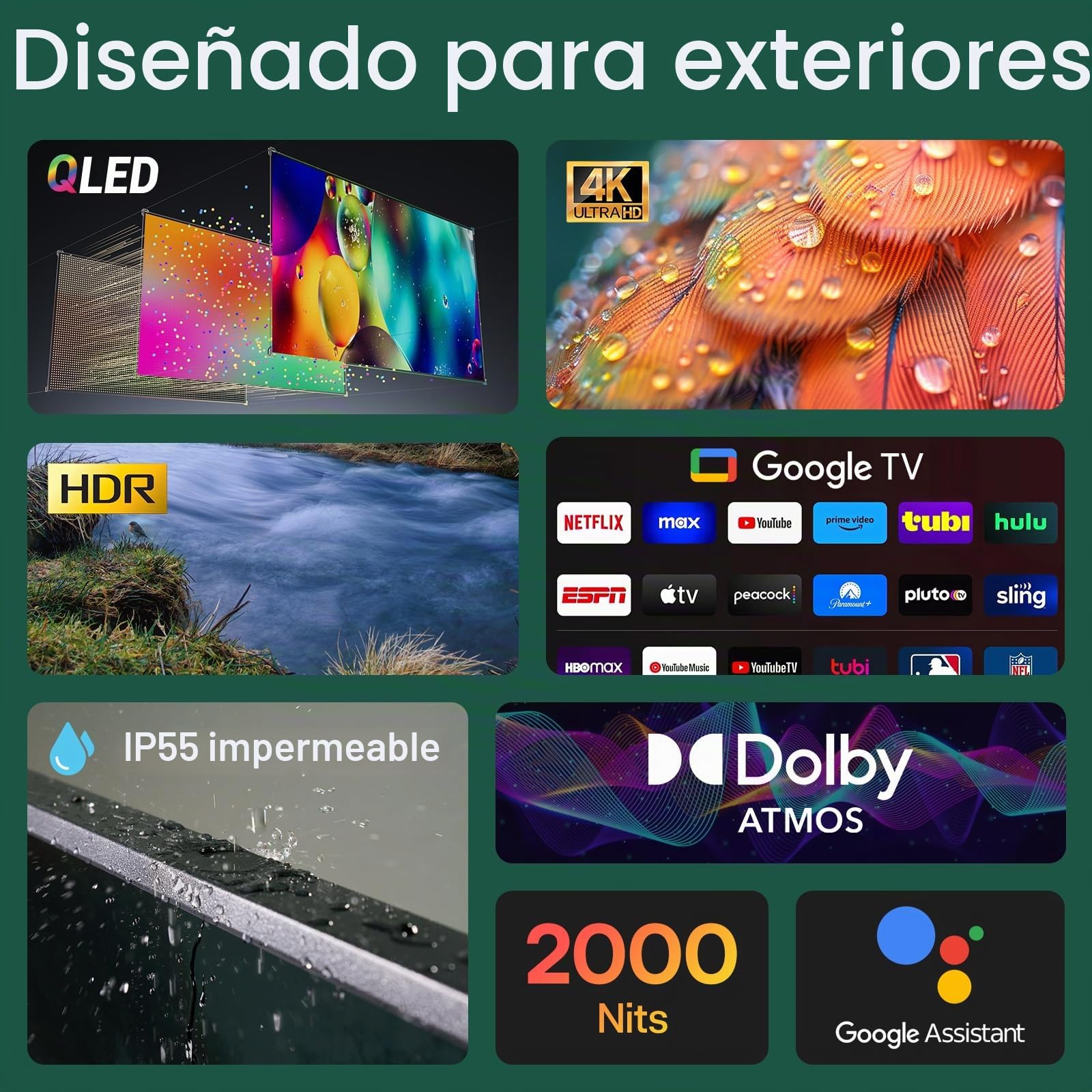 SYLVOX Outdoor TV 55 Pulgadas, 4K UHD QLED TV para Exteriores, 2000 Nits Google TV, Dolby Atmos, DVB-C/T2/S2, HEVC, IP55 Televisor de Exterior Resistente al Aguapara Jardín, Terraza, Piscina y Locales
