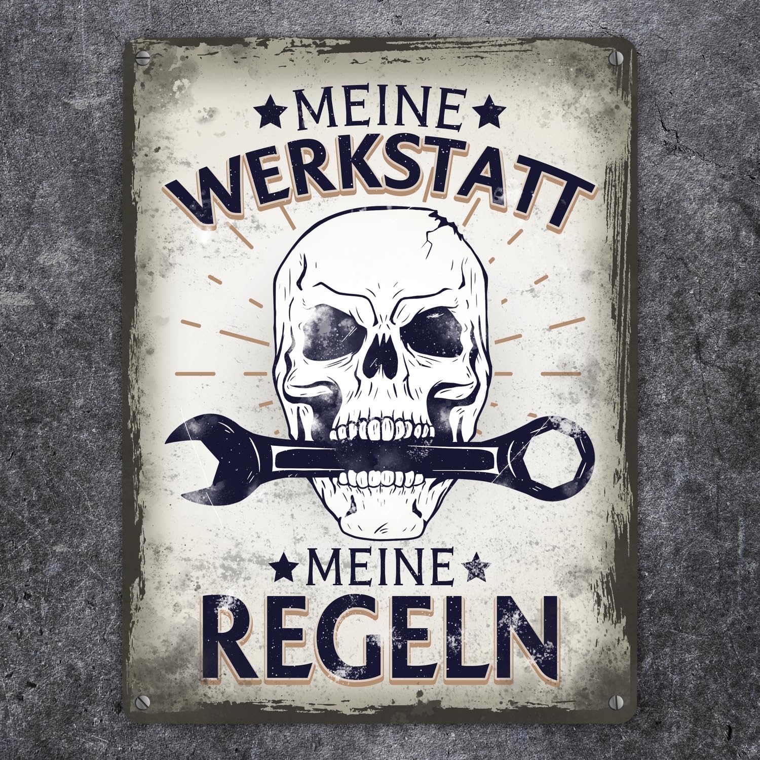 Meine Werkstatt meine Regeln mit trupia Czaszka Metalowa tabliczka XXL 28 x 38 cm jako prezent dla wszystkich hobbystów i majsterkowiczów jako tabliczka na drzwi do warsztatu, aby podkreślić miłość do