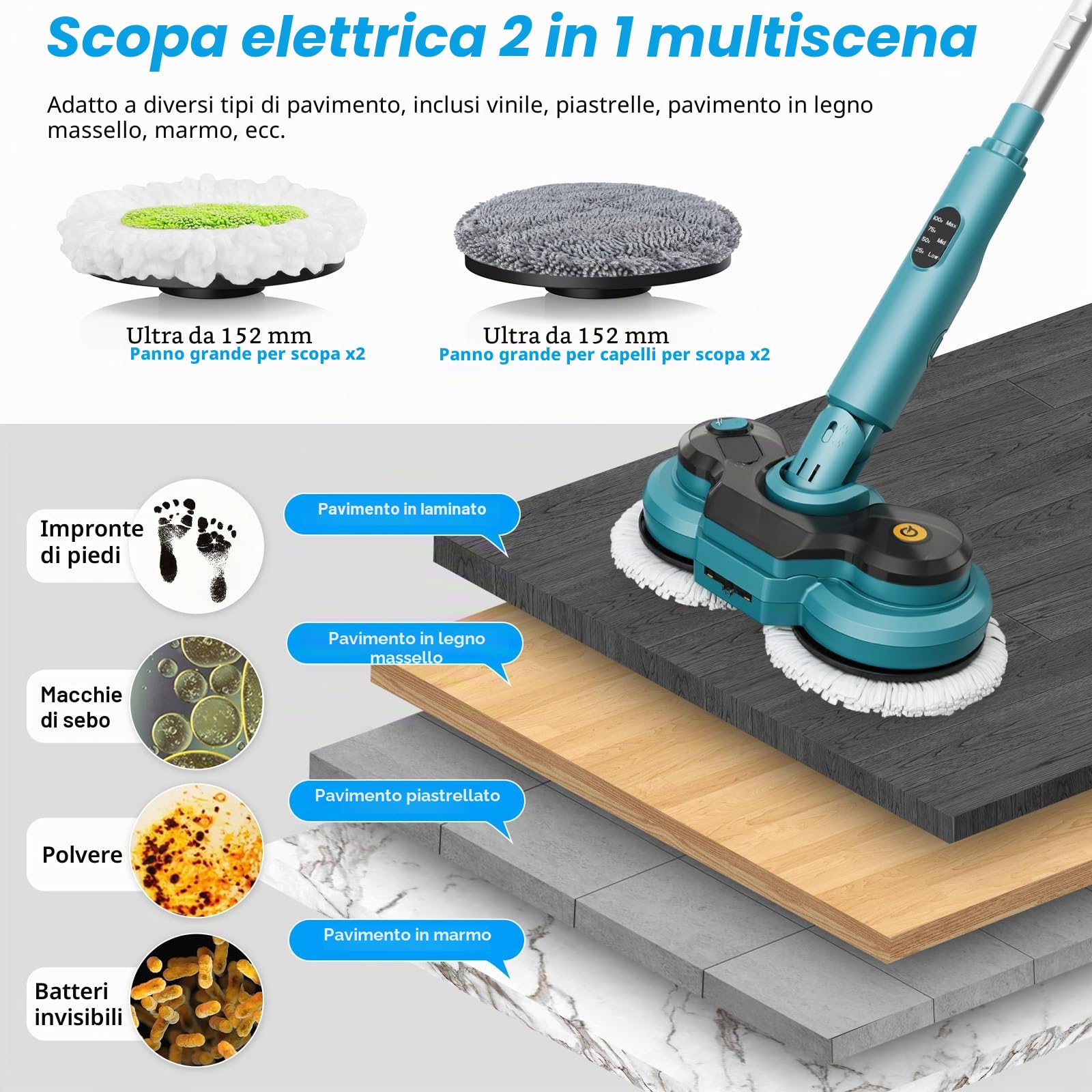 Mocio Elettrico Senza Fili con 2 batterie da 2000 mAh,Lavapavimenti Elettrico con Funzione Spray/lluminazione a LED/Display Intelligente,Lucidatrice Pavimenti con Serbatoio Dell'acqua da 300 ml