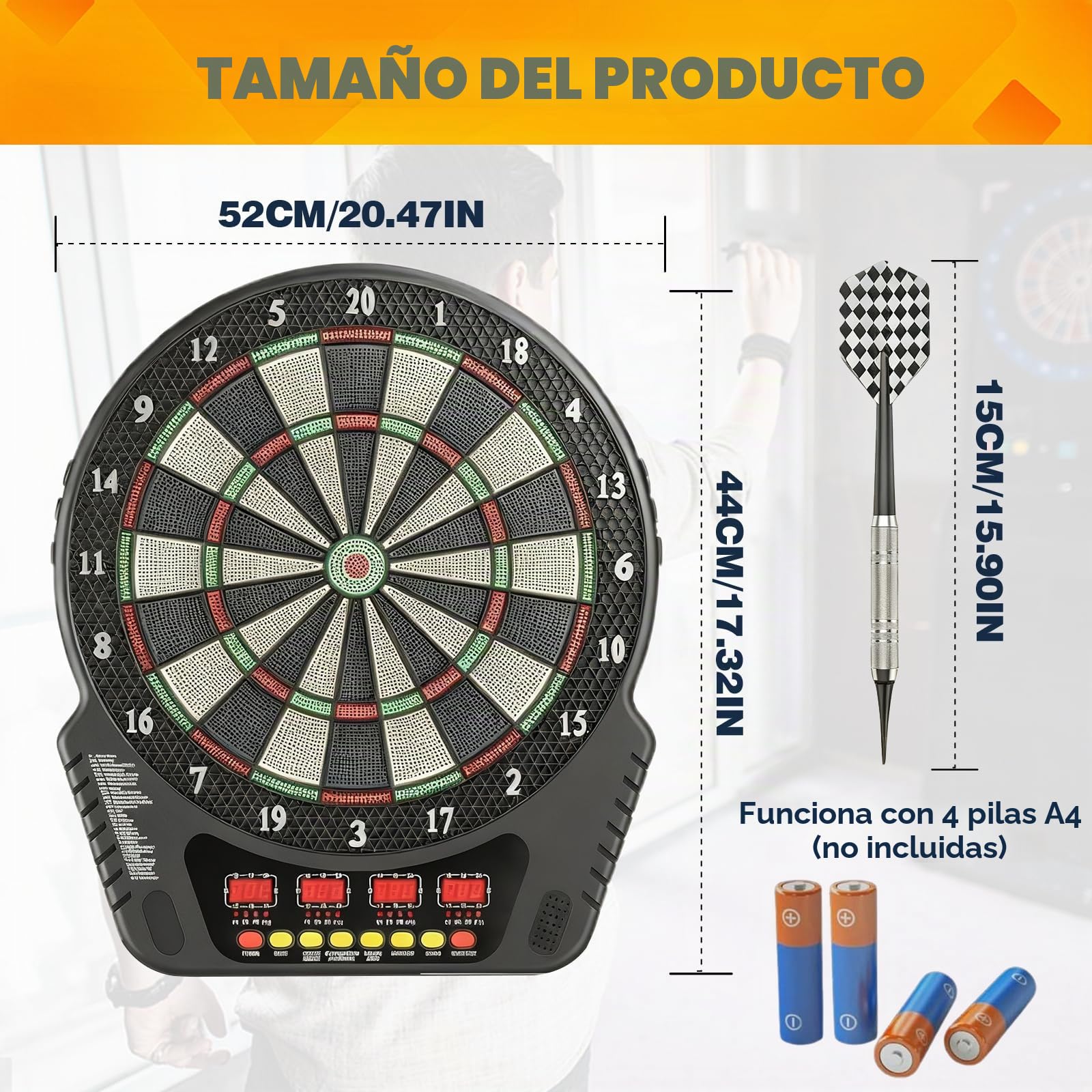 Diana Electrónica de Dardos con Punta de Plástico, 2 Modos de Alimentación, 27 Juegos y Puntuación Automática, Set Completo con 8 Dardos y Repuestos para Hogar, Oficina y Reuniones