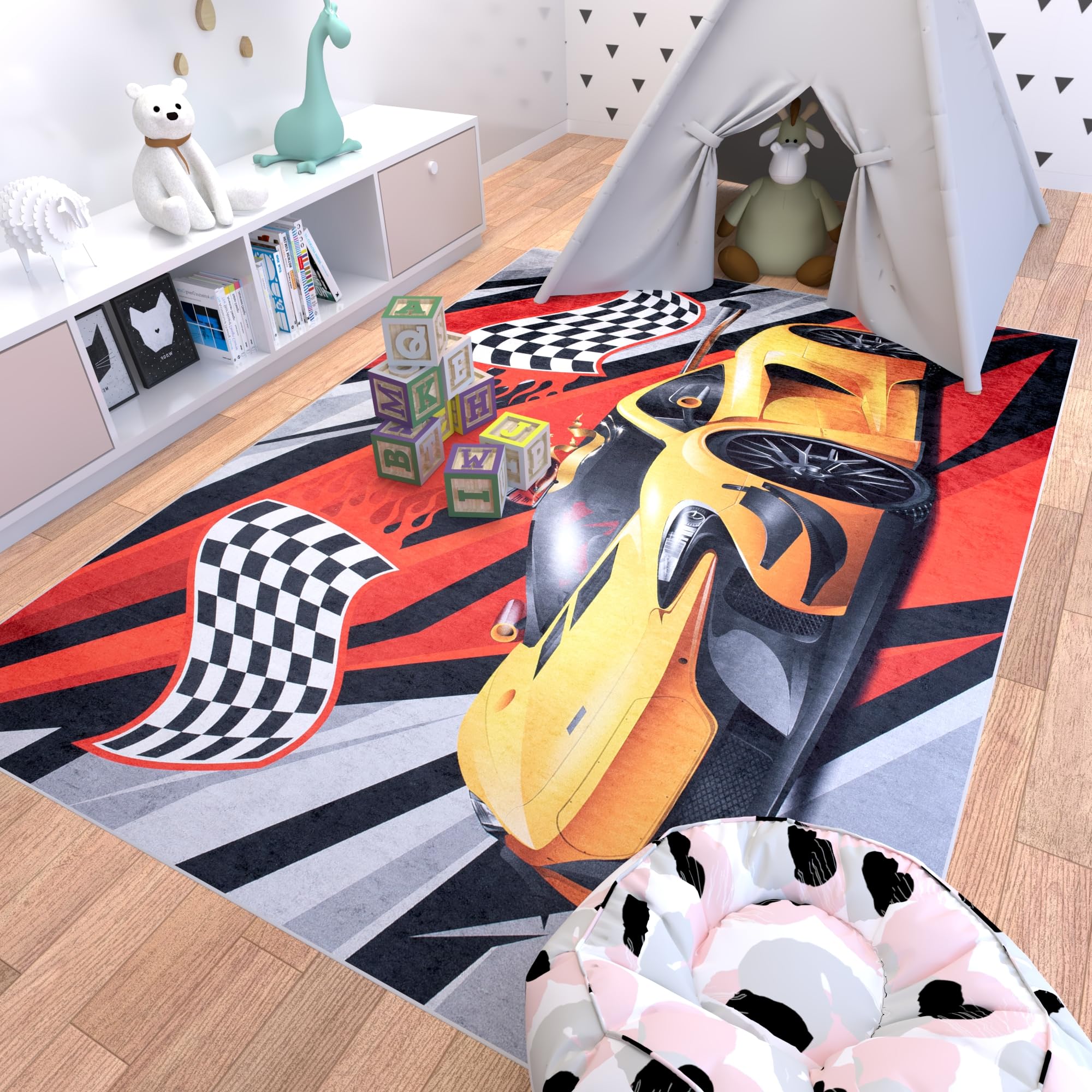 Mazovia Kinderzimmerteppich Antirutsch - Waschbar bis 30 Grad - Panda Tiere - Kurzflor Kinderteppich für Kinderzimmer - ÖKO-TEX Zertifiziert - Rot 120 x 170 cm