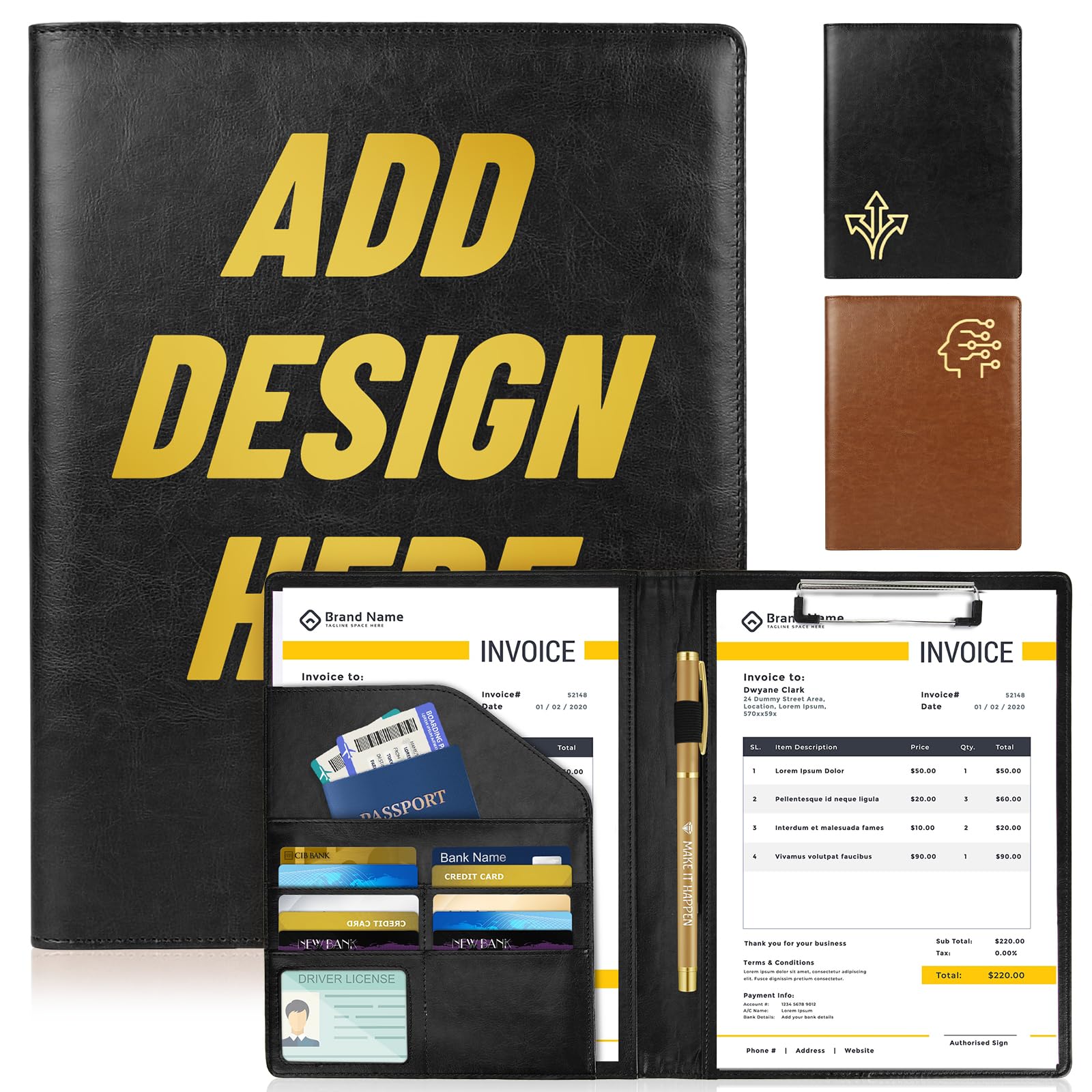 ENOMY Customized A4 Portfolio Folder PU Leather Personalised Certificate Folder with Name/Logo Executive Document Holder for Office Business Men Women Ideal Conference & Gift Black