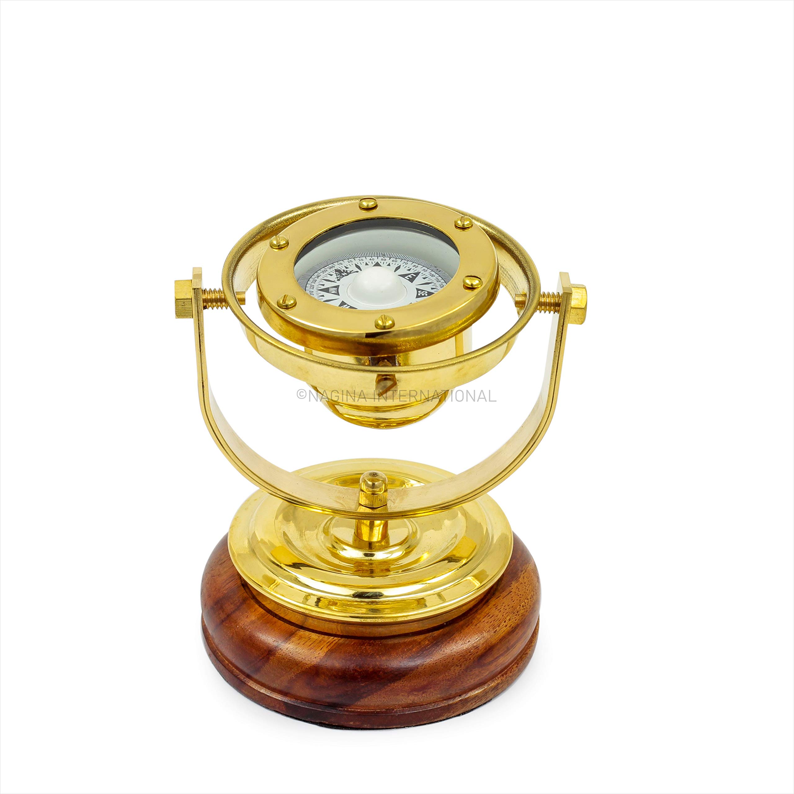 5" Brass Gimbals Nautical Fully Functional Directional Compass with Wooden Base Stand & Rotating Axis | Maritime Gift Decor-image-19