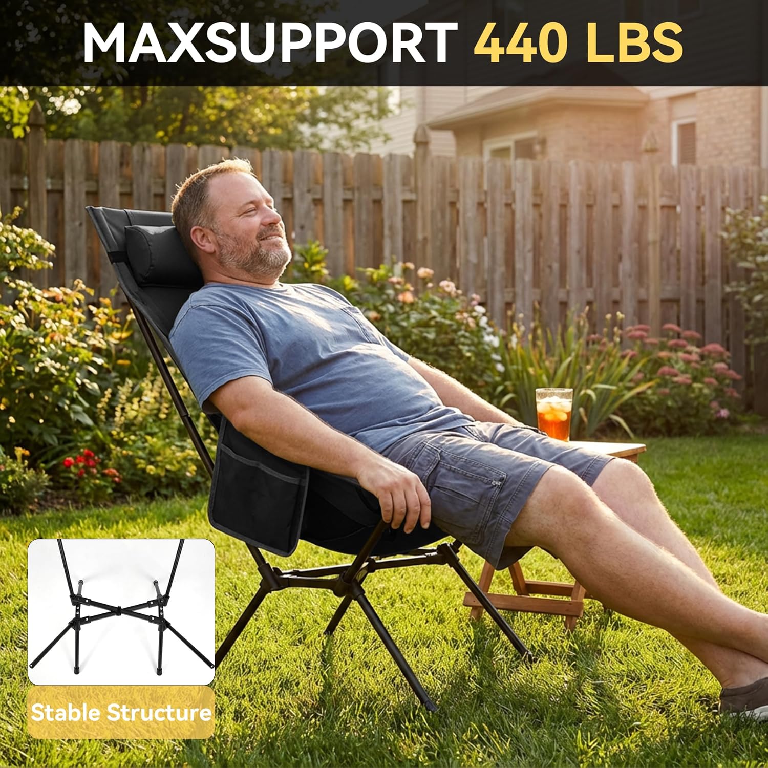 TOBTOS Portable High Back Camping Chair, Support 440 lbs, Ultralight Folding Chair with Head Support, Compact Backpacking Chair for Outdoor Camp Backpacking Fishing (Black)