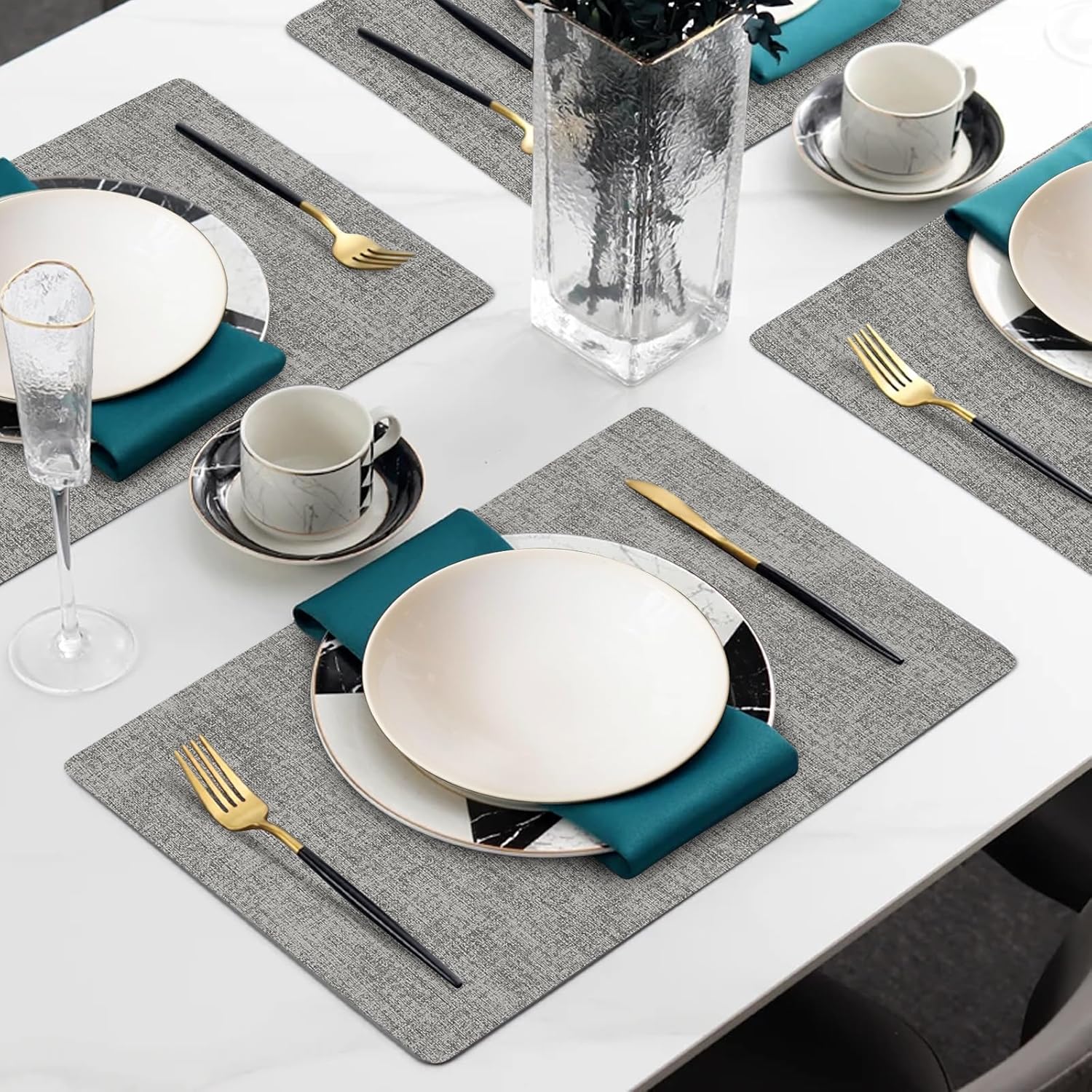 Faux Leather Heat Resistant Placemats Set of 6 – Waterproof Oilproof Wipeable Dining PU Place Mat Easy Clean Table Mats for Kitchen/Dining/Party/Holiday, Light Grey