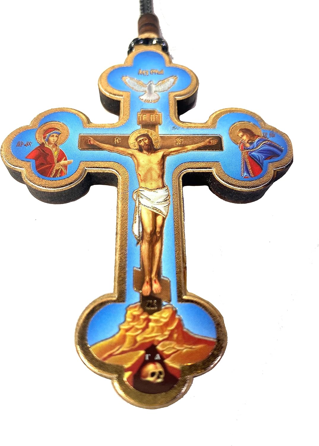 Needzo Cross Pendant Crucifix For Car or Room on Rope, Save Us on the Back, Dove Holy Spirit on Top of The Cross, 3 1/2 Inch Made in Ukraine