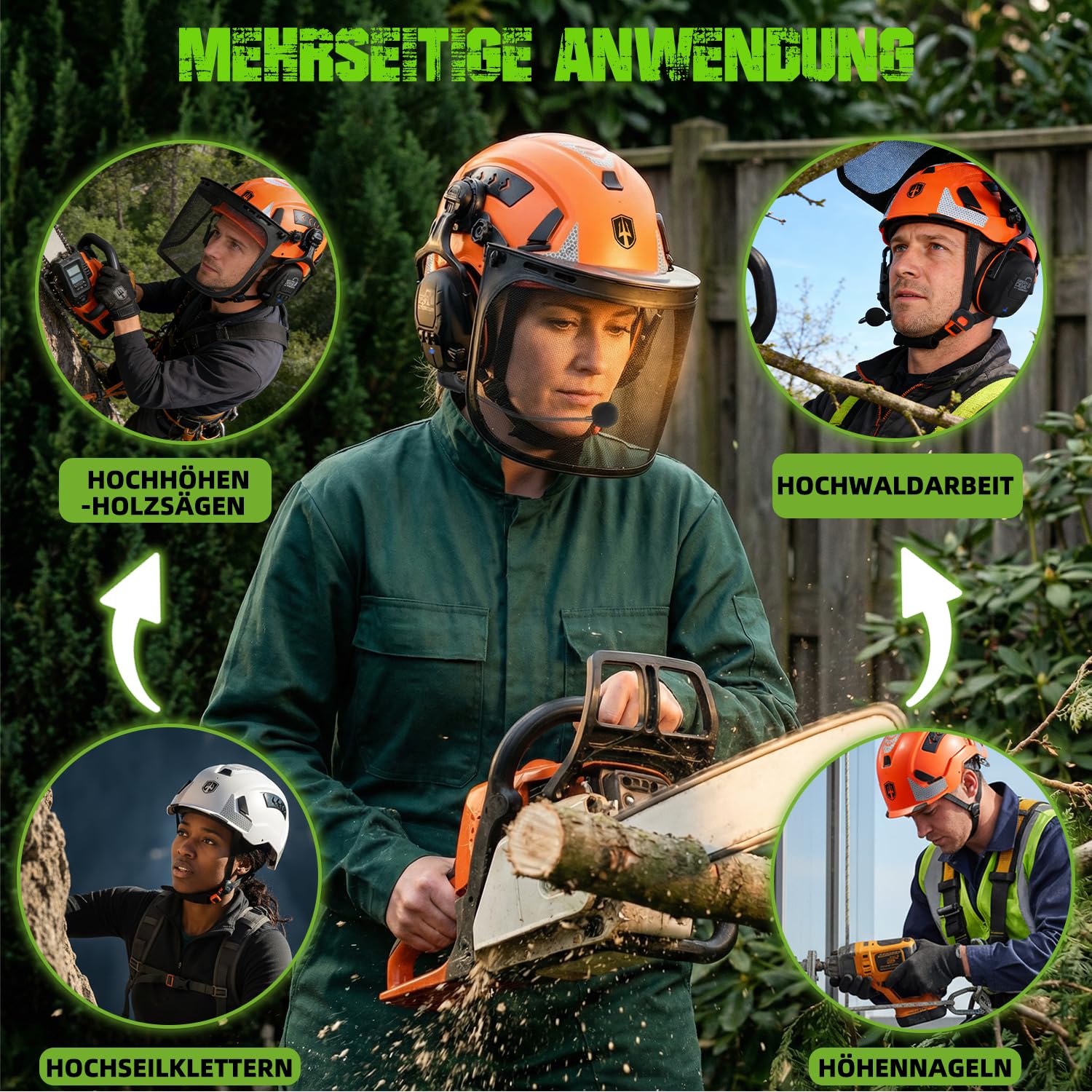 GREEN DEVIL VOLTEK Forest AIR Bluetooth Set - Forst- & Höhenarbeits-Schutzhelm EN12492 Zertifiziert, 5-in-1 System mit Metallnetzvisier & SNR 32dB Bluetooth Gehörschutz + Helmleuchte