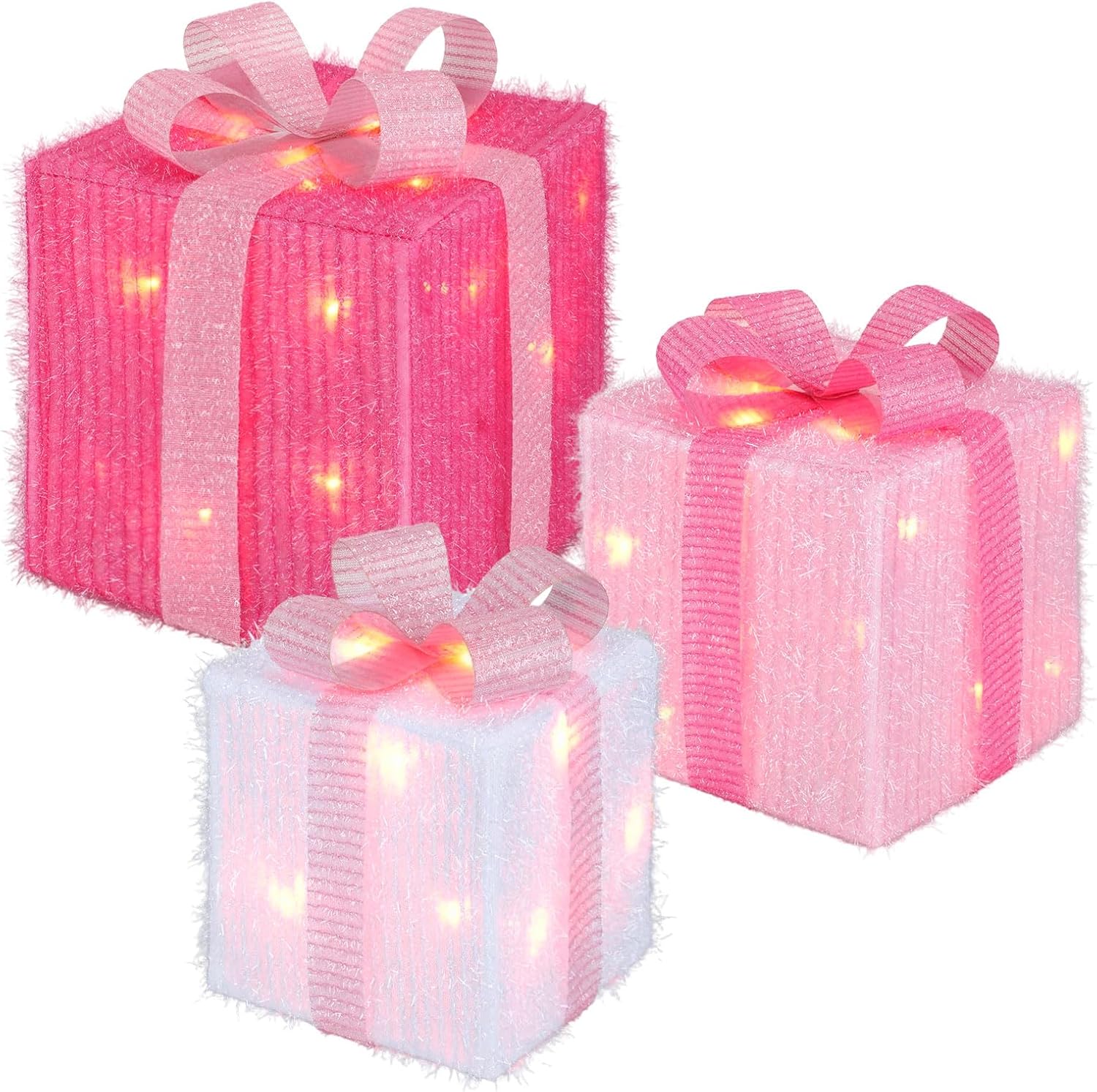 8 Mode 3 Packs Pink Valentines Decorations LED Light Up Valentines Lighted Gift Boxes with Glitter Bow Present Boxes USB Powered for Wedding Christmas Porch Room Decor Indoor Outdoor