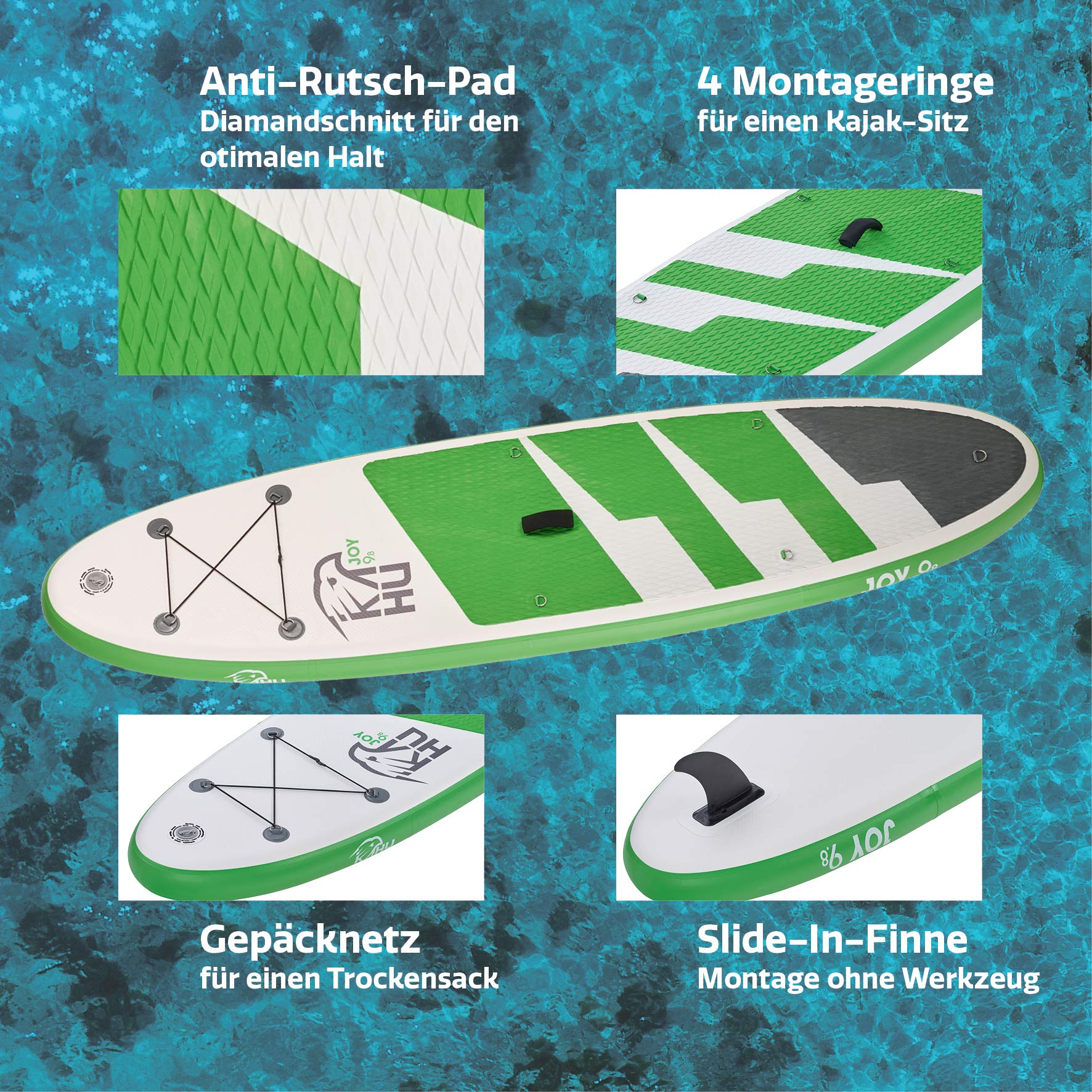 KAHU® Joy 9’8’’ Stand up Paddling Board – aufblasbares iSUP Board komplett Set inkl. Alu-Paddel und Pumpe - Allroundboard für Einsteiger – 15cm Dick – 120kg Traglast – Kajak Sitz als Zubehör – Grün