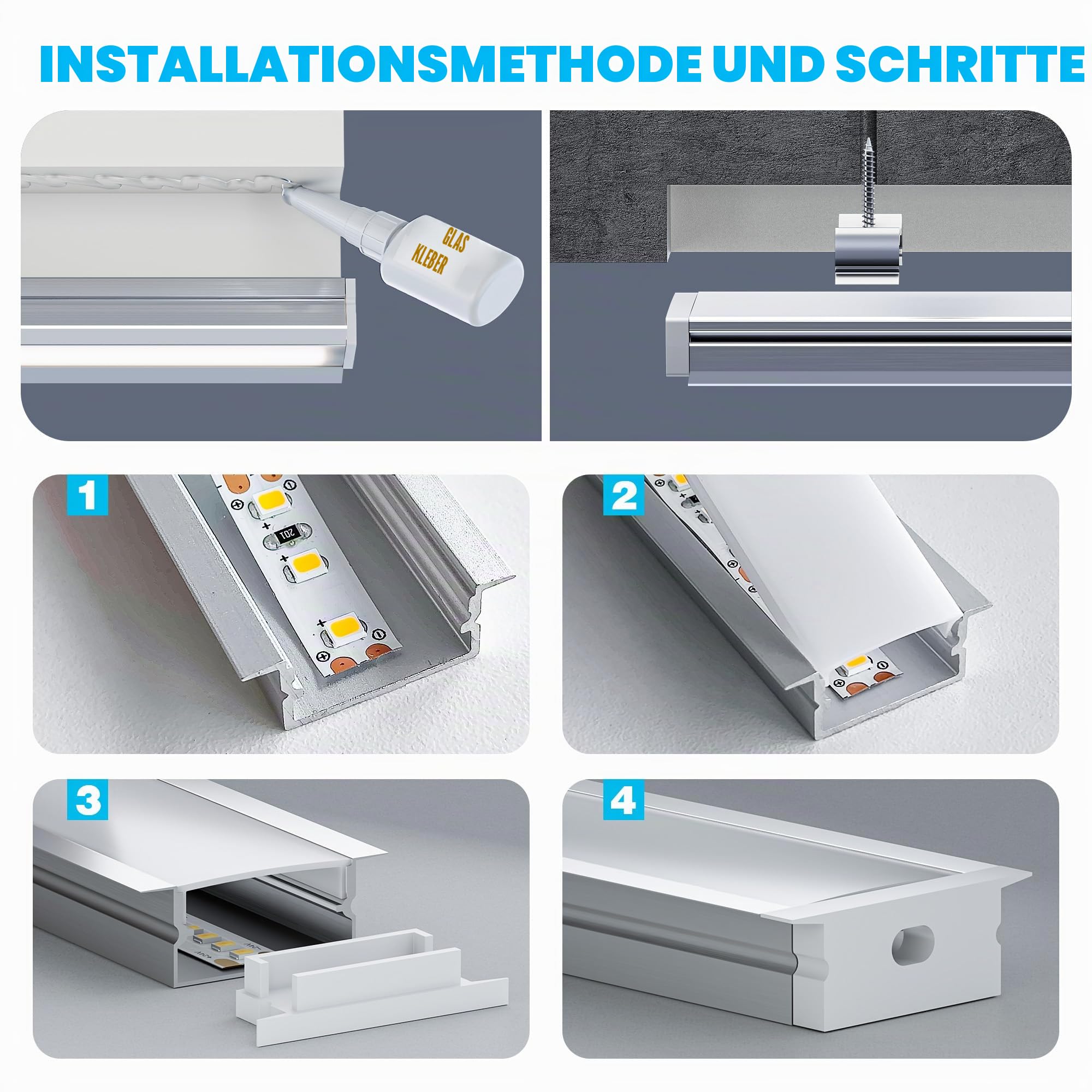 LED Aluminium Profil 10 × 2m – U-Form Aluprofil mit weißer Abdeckung – Alu Leiste für Lichtstreifen bis 16.7 mm - 26,7 x 10mm - Led Profile Schiene Kanäle Leiste Diffusor