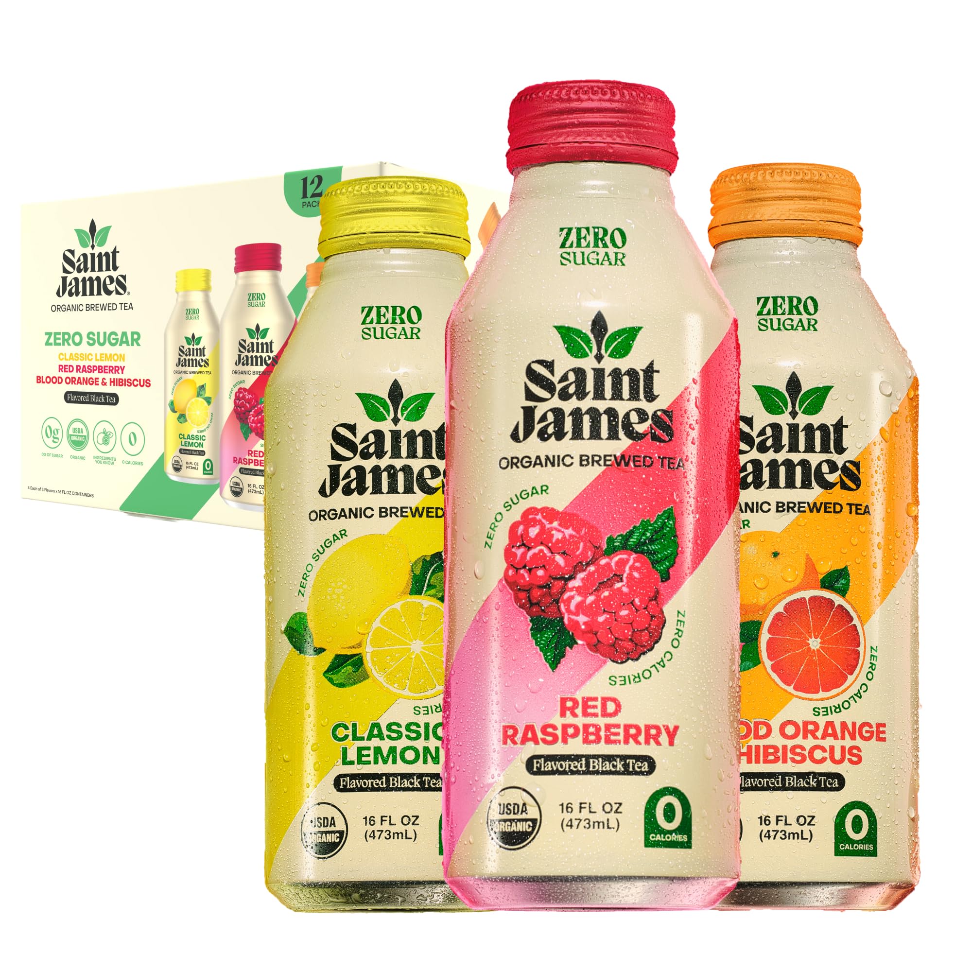Saint James Iced Tea Organic Black Tea, Variety Flavors, 12 Pack (16 fl oz)