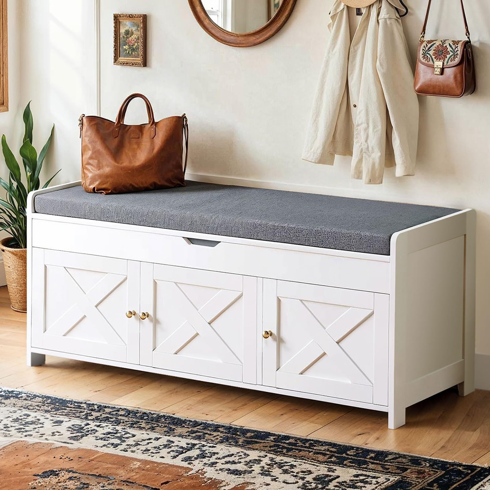 Amada Shoe Storage Bench, Entryway Bench with Cushioned Seat & Lift Top Storage, 3 Doors, Adjustable Shelf, 300 lbs Capacity, Bench with Shoe Rack for