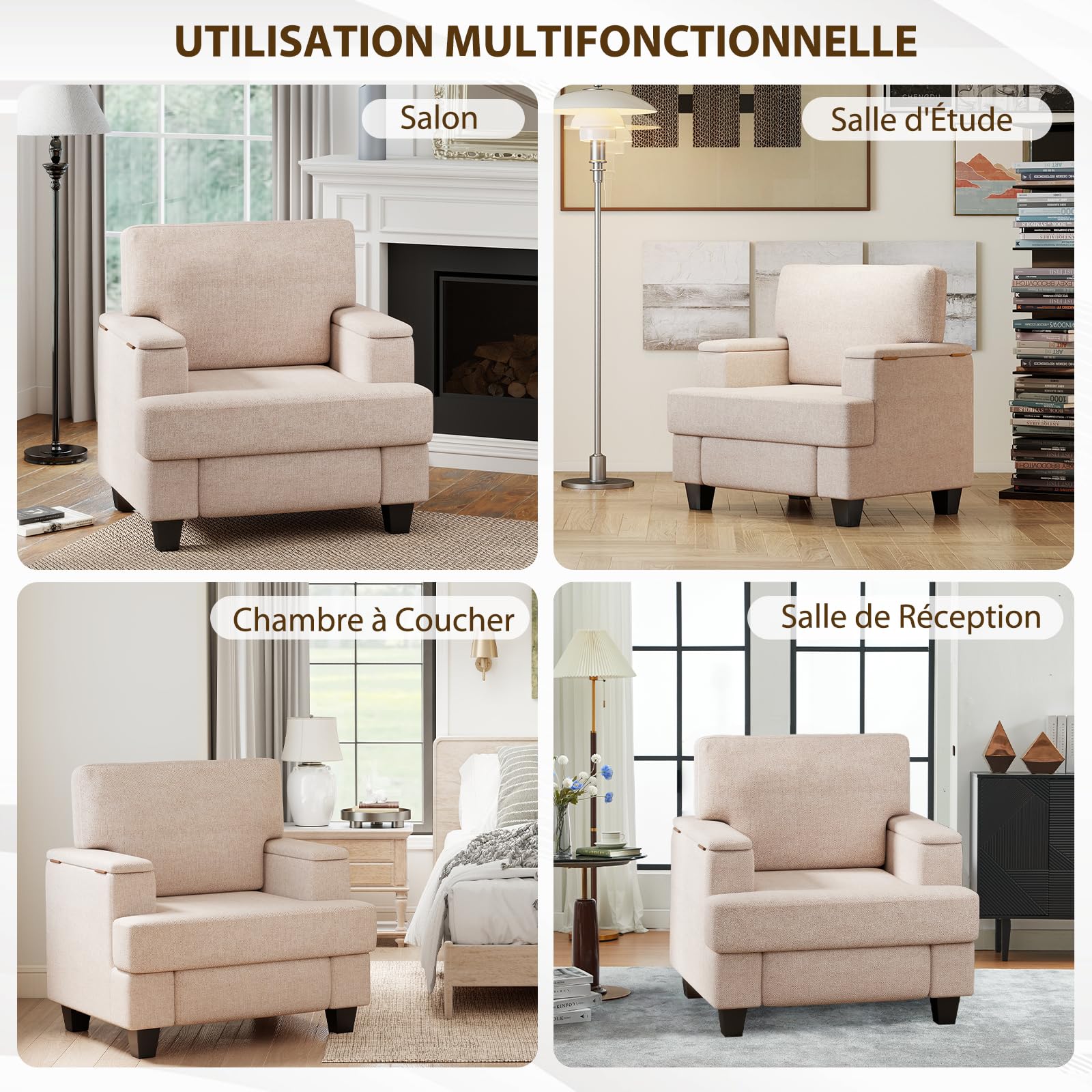 Extra-Larges Fauteuil Salon Rangement, Fauteuil Relax Rembourré avec Accoudoirs avec Rangement & Dossier Amovible, Fauteuil Relaxation avec Cadre en Bois pour Salon, Chambre à Coucher, Beige