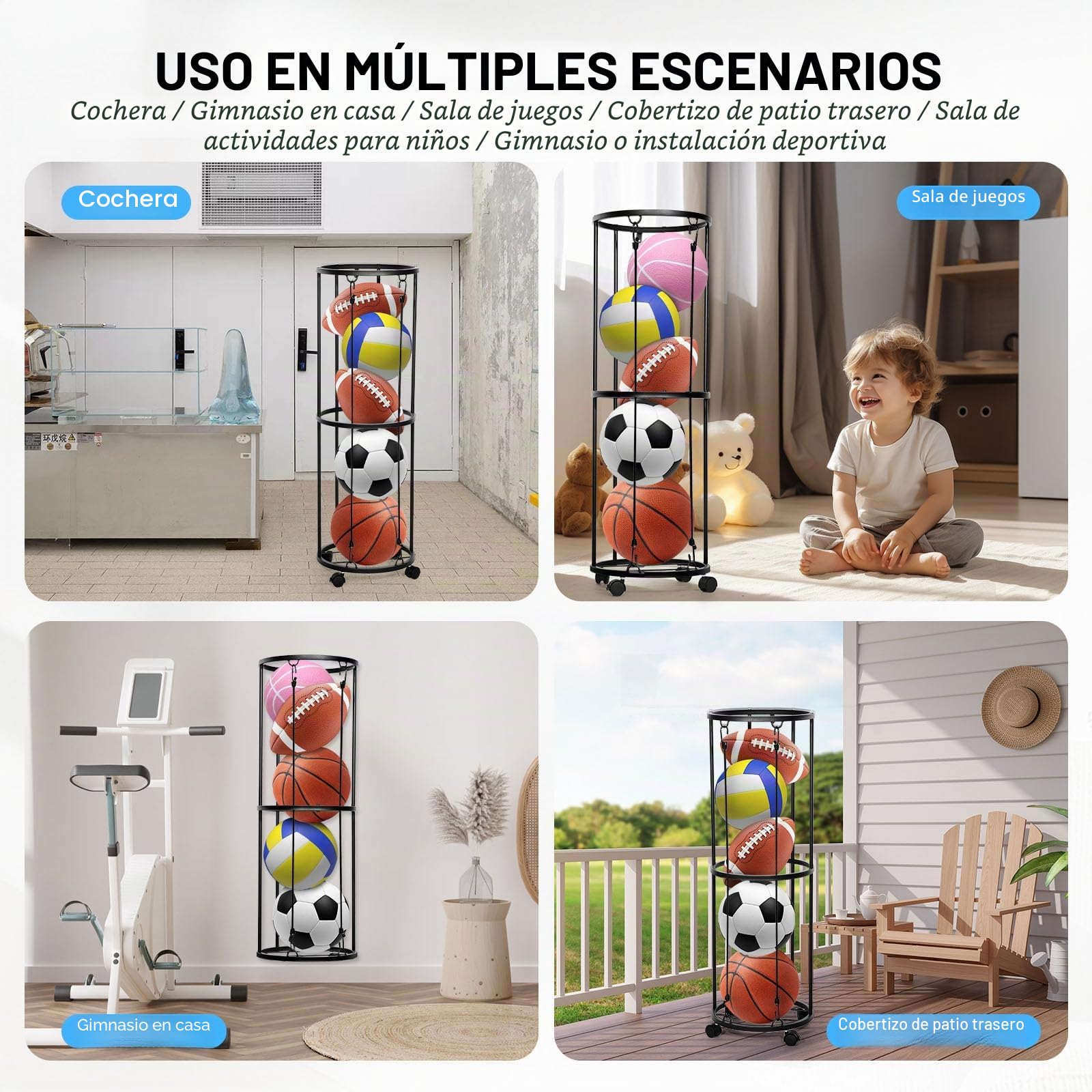 Soporte de Pared para Pelotas de Fútbol, Organizador de Garaje para Equipos Deportivos, Soporte Desmontable con Ruedas y Almacenamiento de Bolas