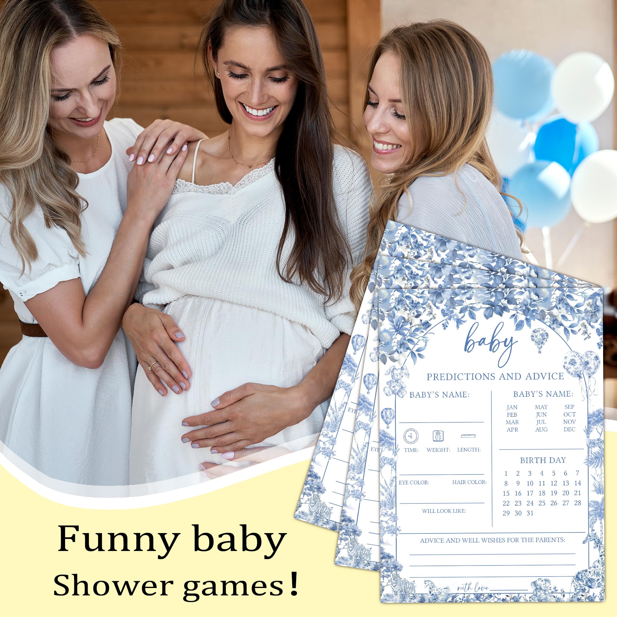 Karty z prognozami i poradami dla niemowląt na baby shower, 25 niebieskich płóciennych kart z poradami i pozdrowieniami dla nowych rodziców, zabawne gry ujawniające płeć dla chłopca lub dziewczynki