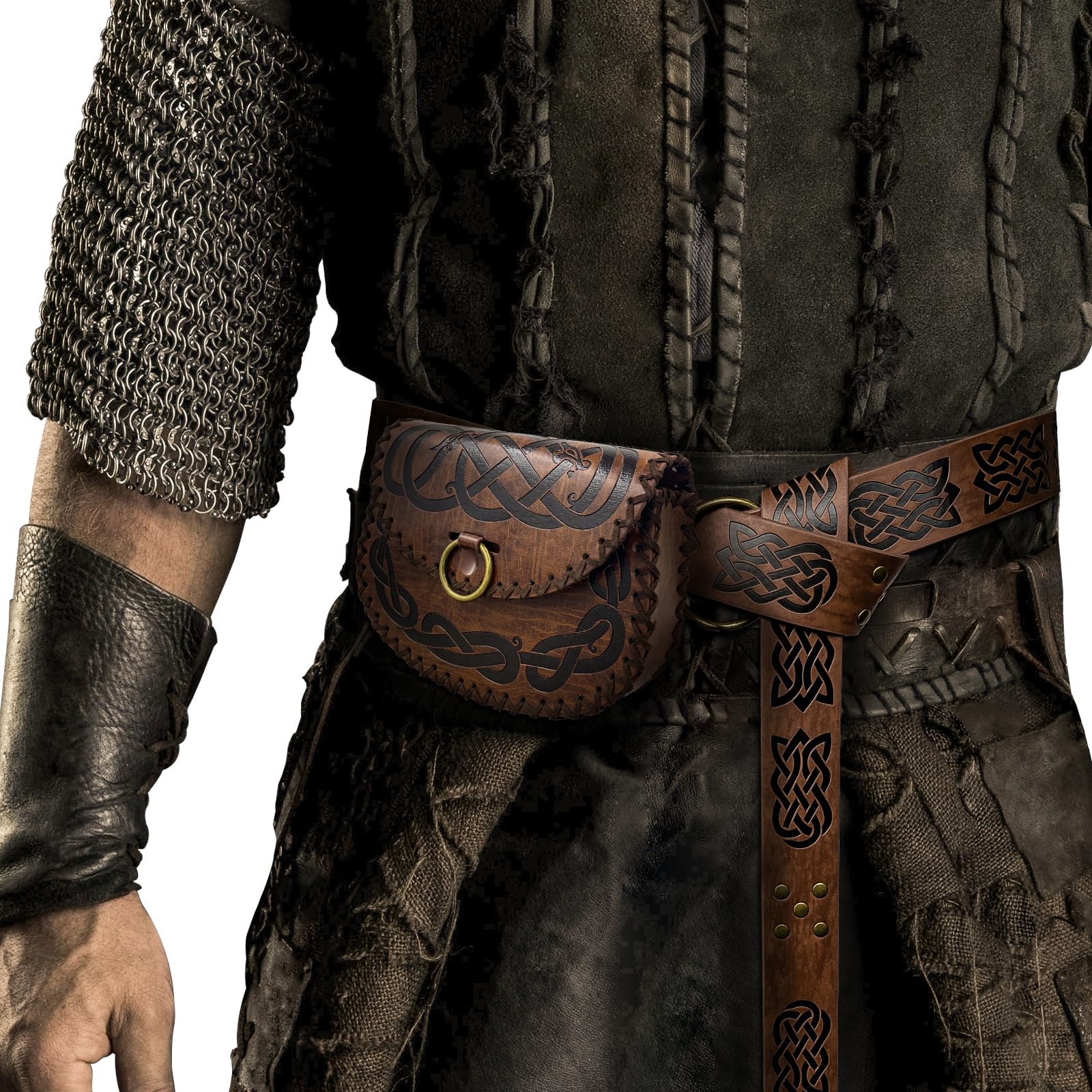 HiiFeuer Ceinture médiévale avec Anneau torique en Relief Nordique, Ceinture Vintage en Cuir synthétique et Poche latérale pour LARP