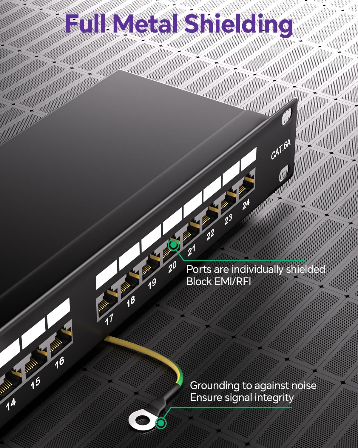 VCELINK Pannello Patch CAT6A 24 Porte Schermato Rack 19" 1U RJ45, 500MHz | Banda passante 500MHz conforme standard EIA/TIA 568A&B, trasmissione 10G stabile senza interferenze