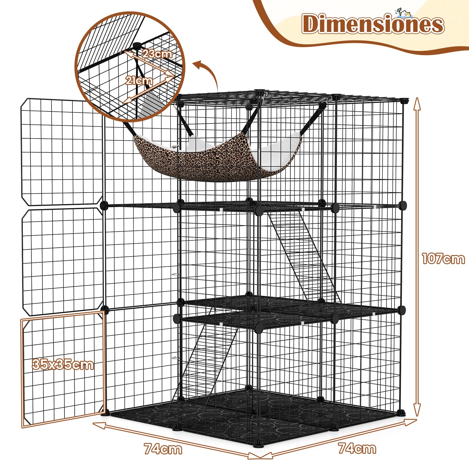 GYMAX Jaula Interior de 3 Niveles para Gatos, con Hamaca, 2 Escaleras, Panel Desmontable, Alambre Metálico y 3 Puertas Bloqueables, Apta para 1-3 Mascotas