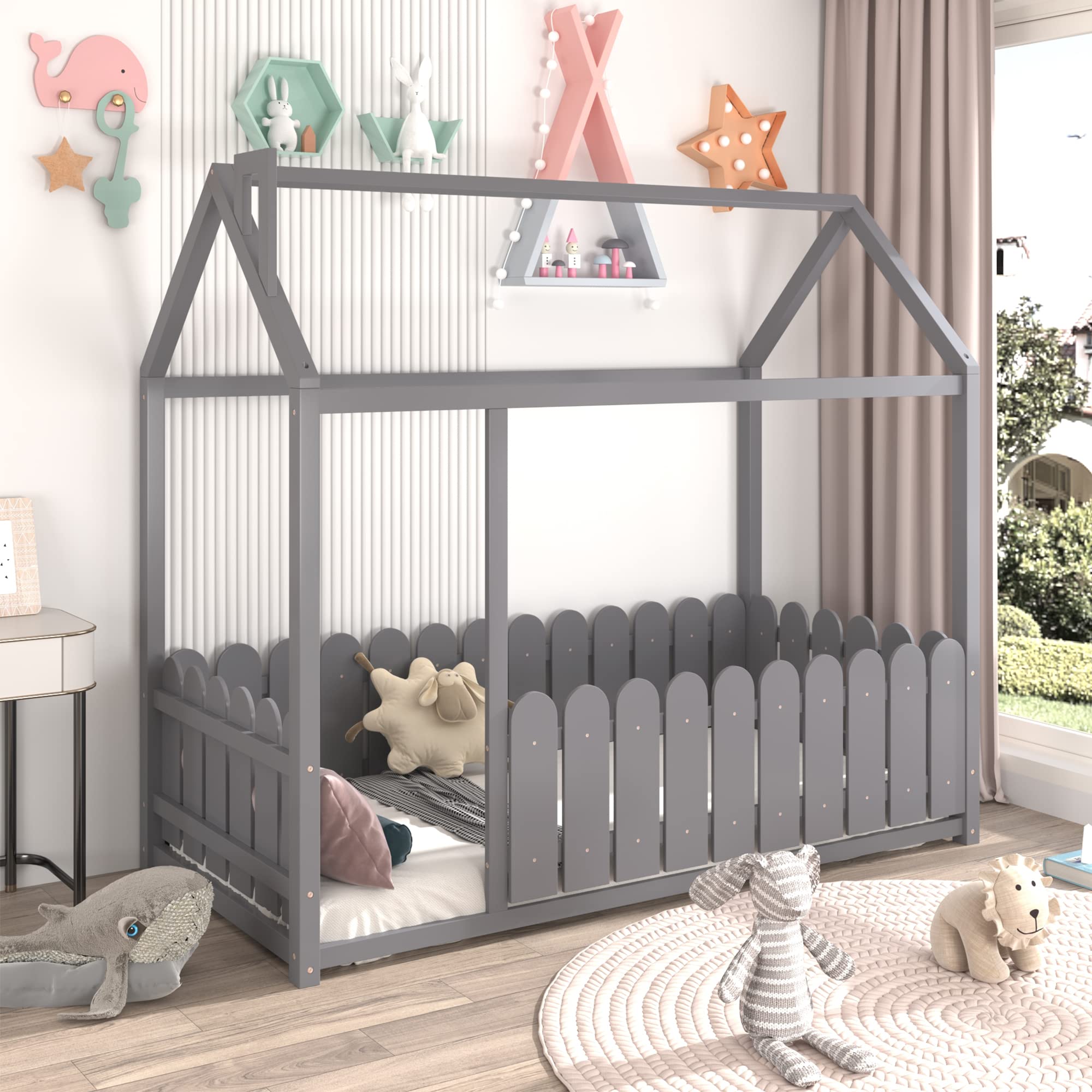 Buy ModernLuxe Single Bed Wooden House Bed Frame for Kids, 3ft Wood Treehouse Bed with Pine