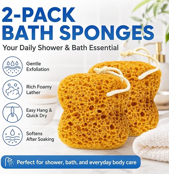 2Pcs Natural Bath Sponge - Soft Honeycomb Natural Sponge, Gentle Cleansing Exfoliating,Dense Foam for Dry and Sensitive Skin,Bath for Women Men