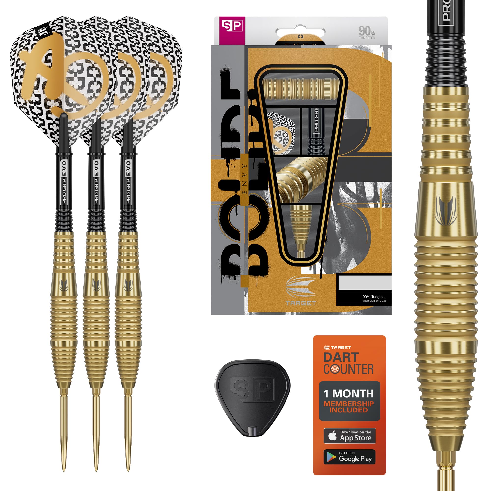 Target Darts Bolide Envy 05 90% Tungsten Swiss Point Steel Tip Dart Set, 26G | Pro Ultra No.6 Flights & Pro Grip EVO Shafts, Gold Swiss Points & SP Tool Included | Professional Dart Sets